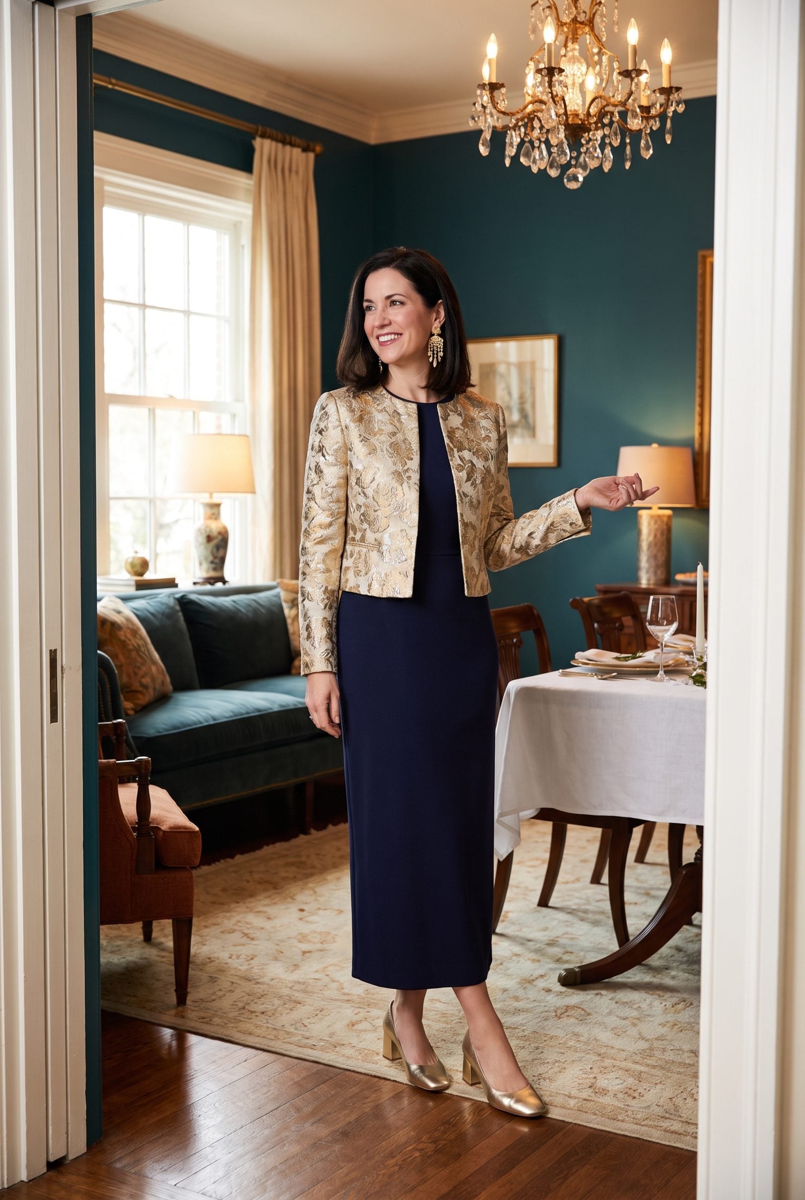 Ponte Column Dress With a Cropped Brocade Jacket