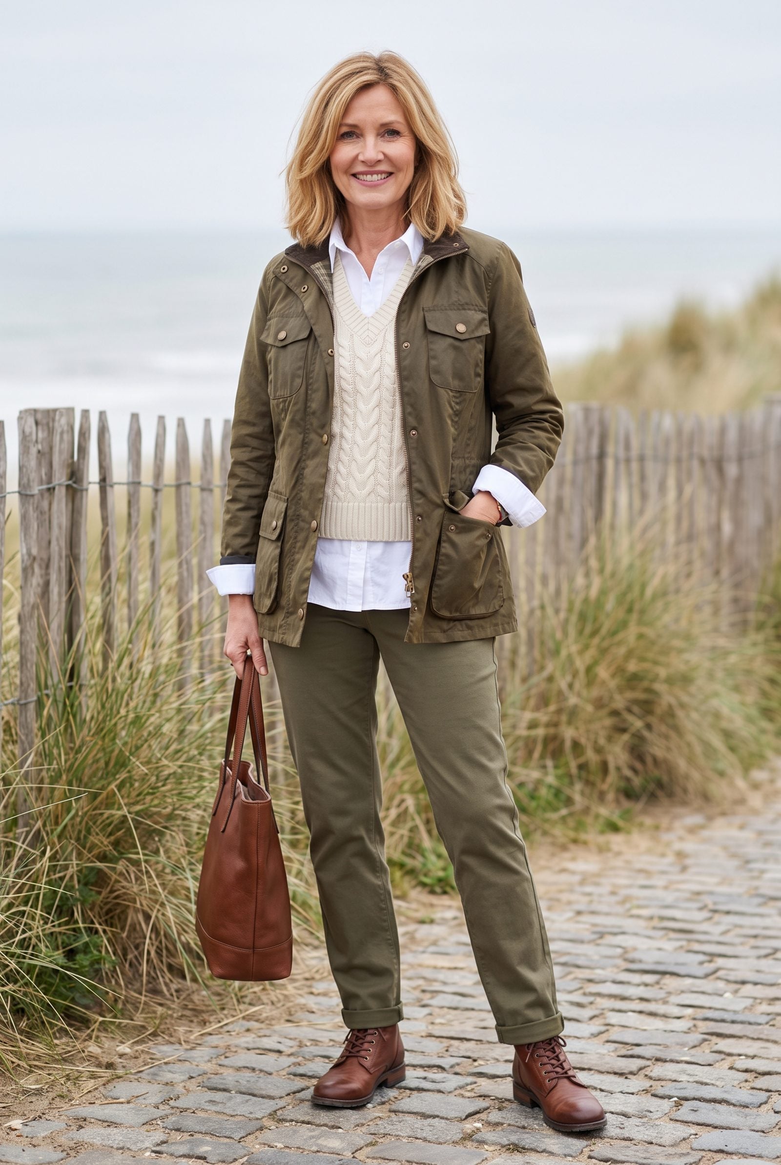 Poplin Shirt + Cable-Knit Vest + Waxed Utility Jacket