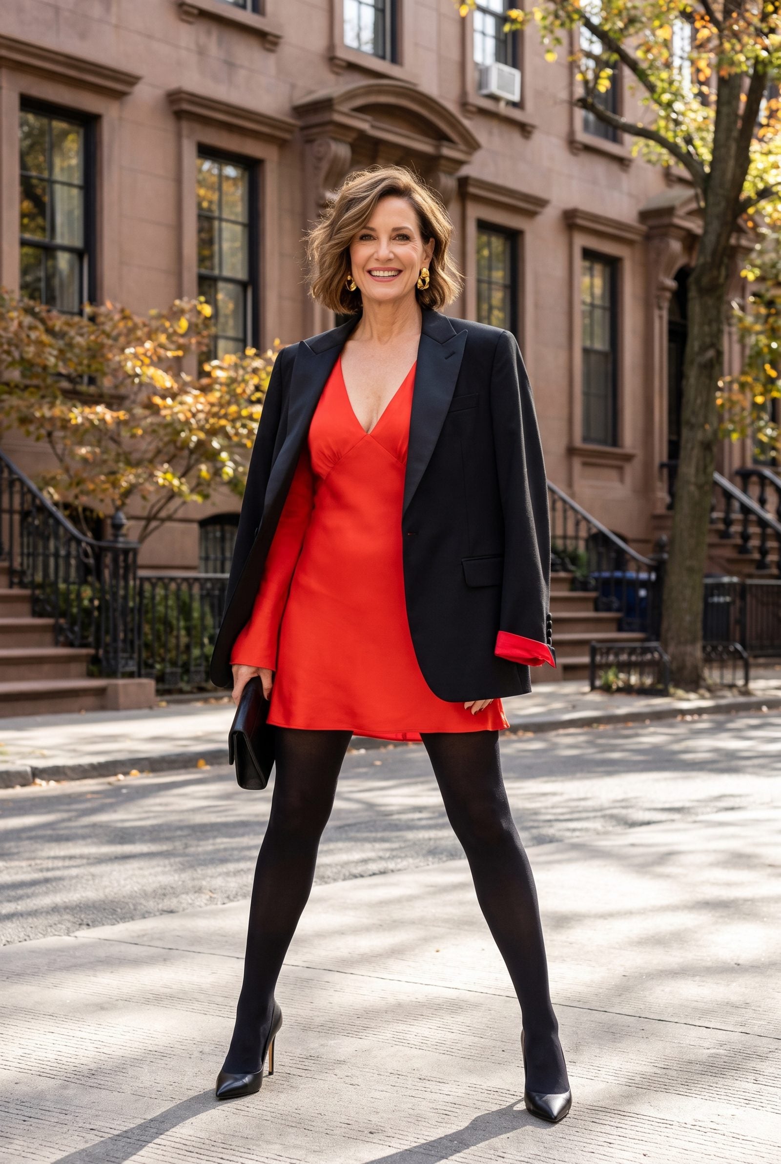 Poppy-Red Mini Dress With an Oversized Tuxedo Blazer