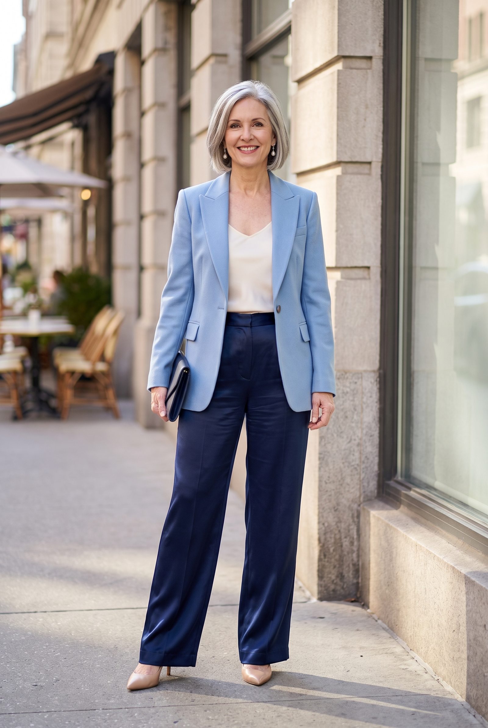 Powder-Blue Blazer With Navy Satin Pants