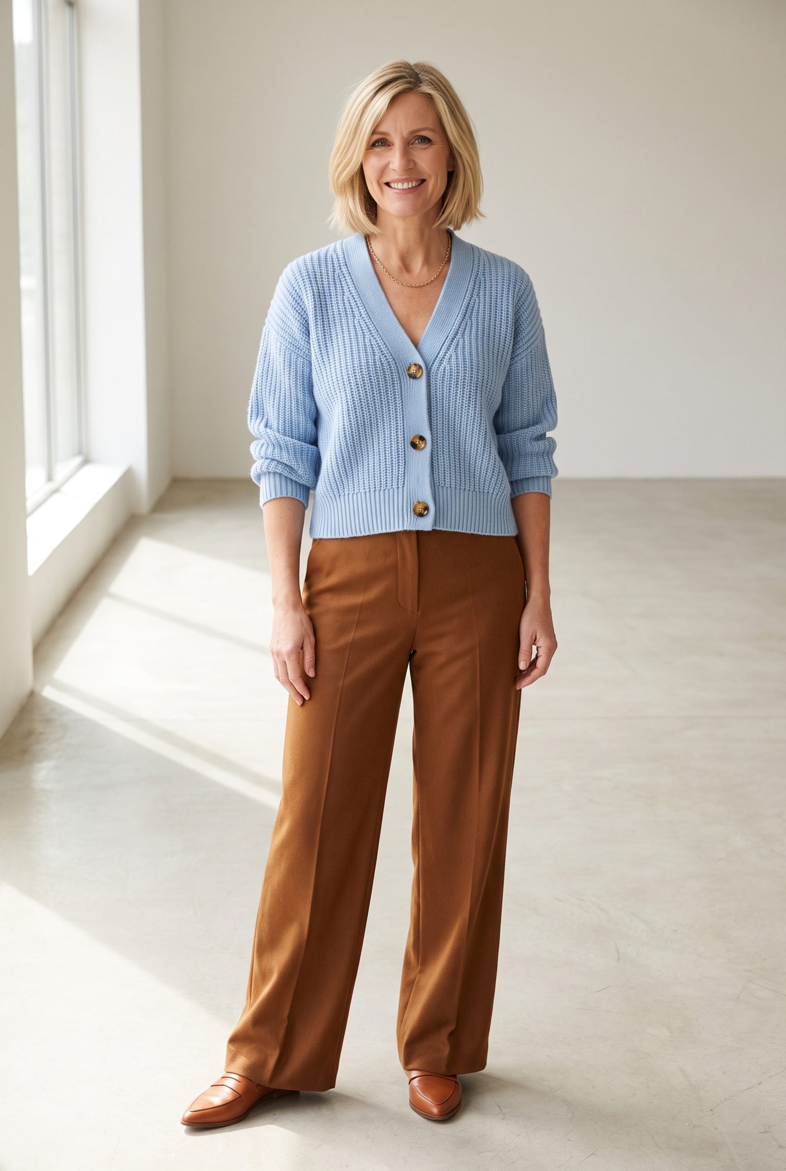 Powder-Blue Cardigan + Tobacco Wide-Leg Pants