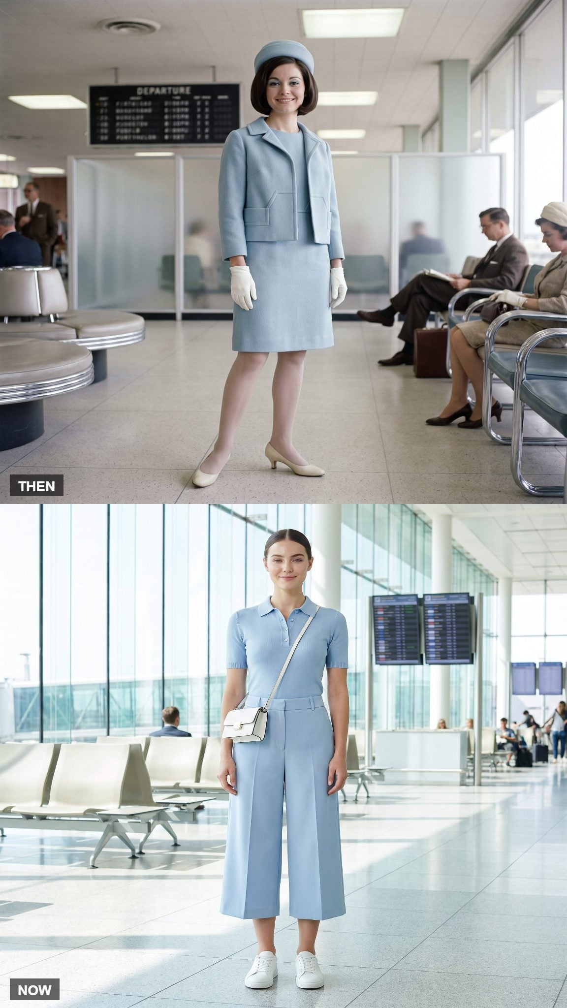 Vintage powder-blue mod dress and pillbox hat compared with contemporary powder-blue separates