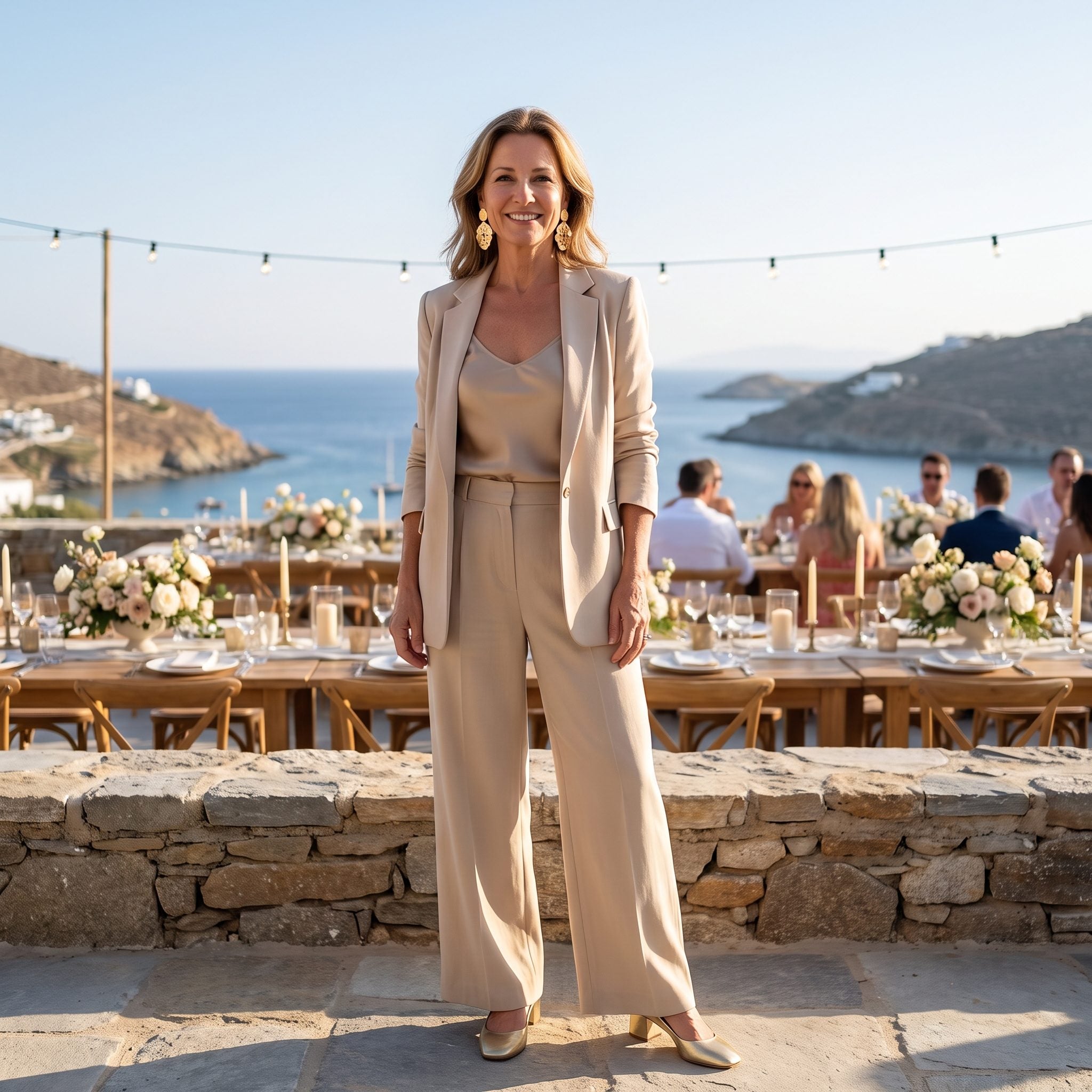 Sand blazer and trousers styled with a satin camisole for dinner