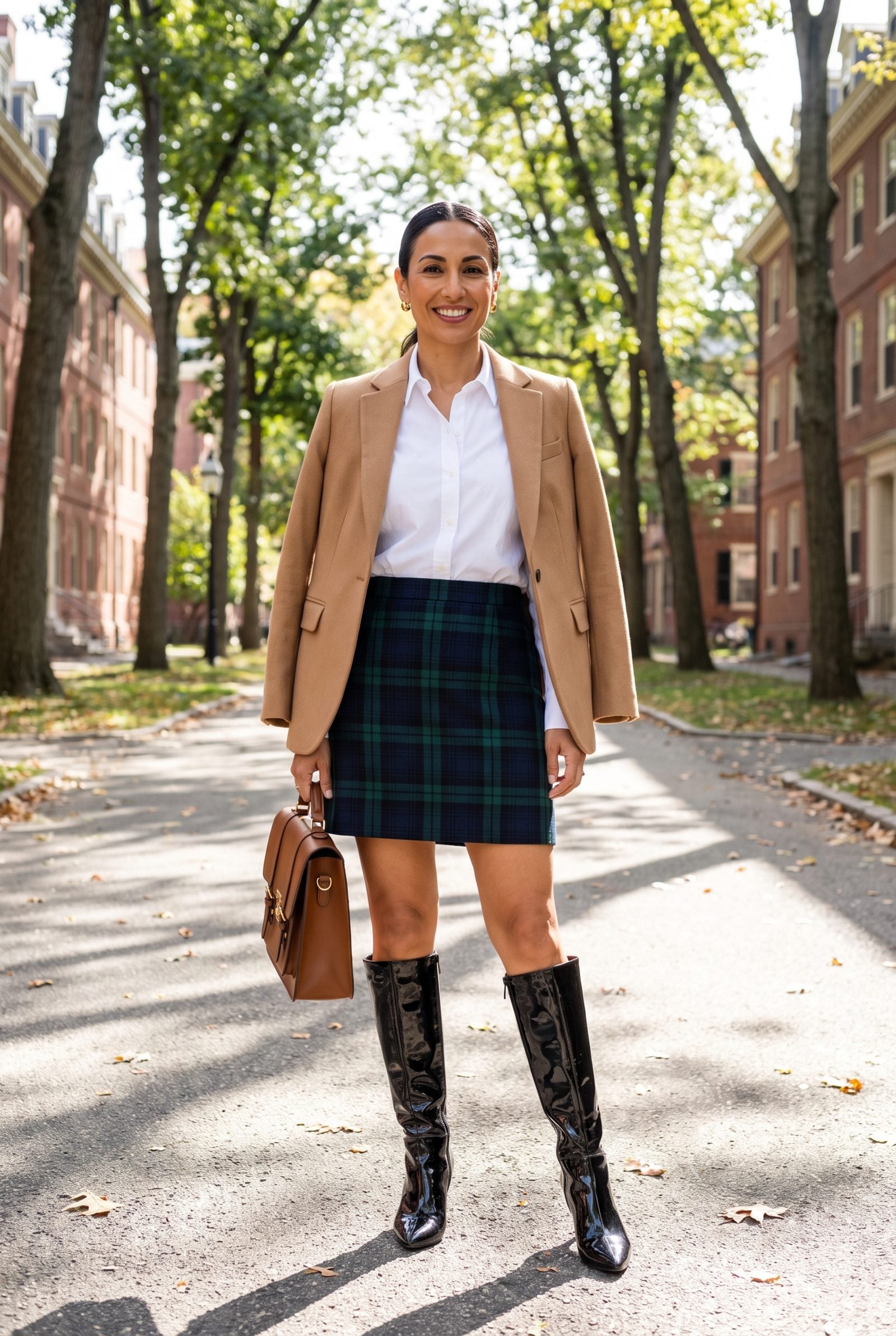 Woman in a preppy plaid mini and camel blazer wearing high-shine patent stiletto knee-high boots.