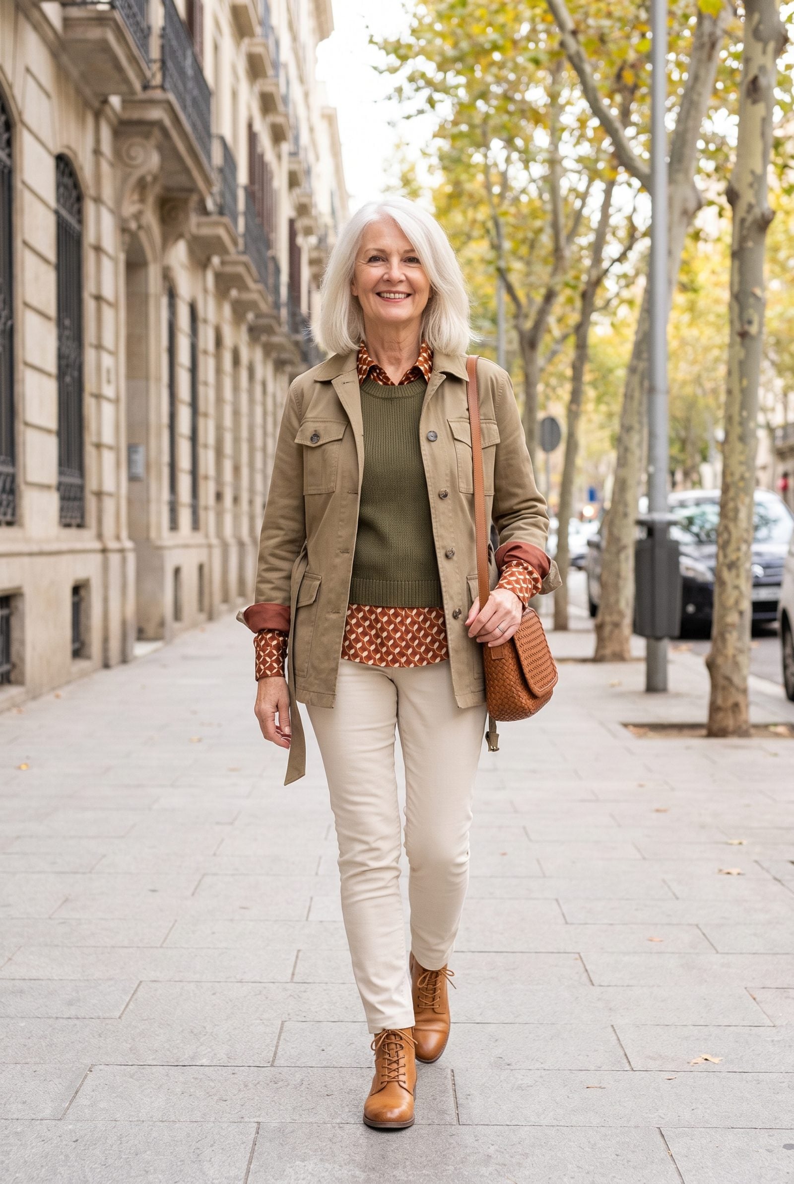 Printed Blouse + Sweater Vest + Belted Safari Jacket
