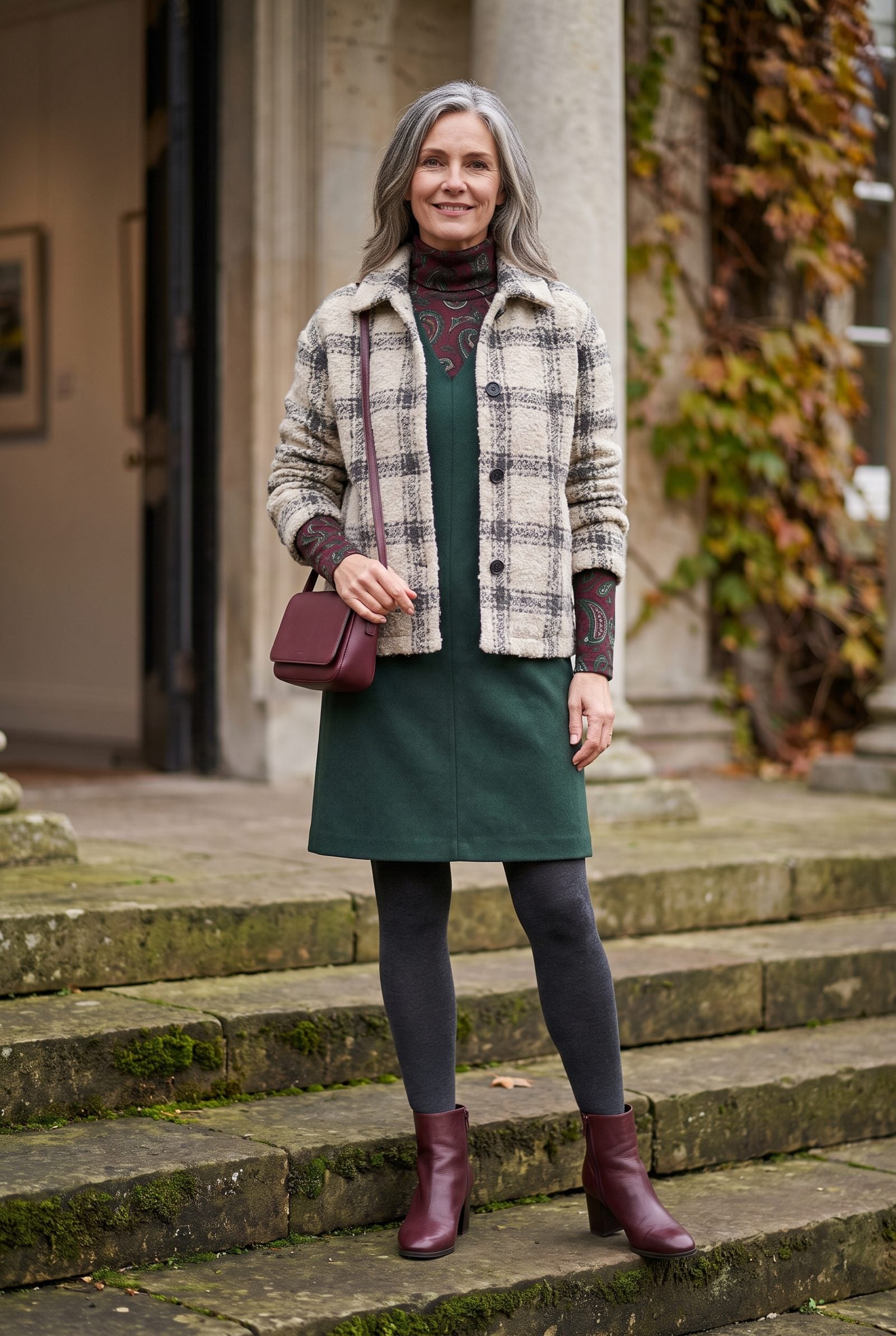 Printed Turtleneck + Sleeveless Dress + Boxy Jacket