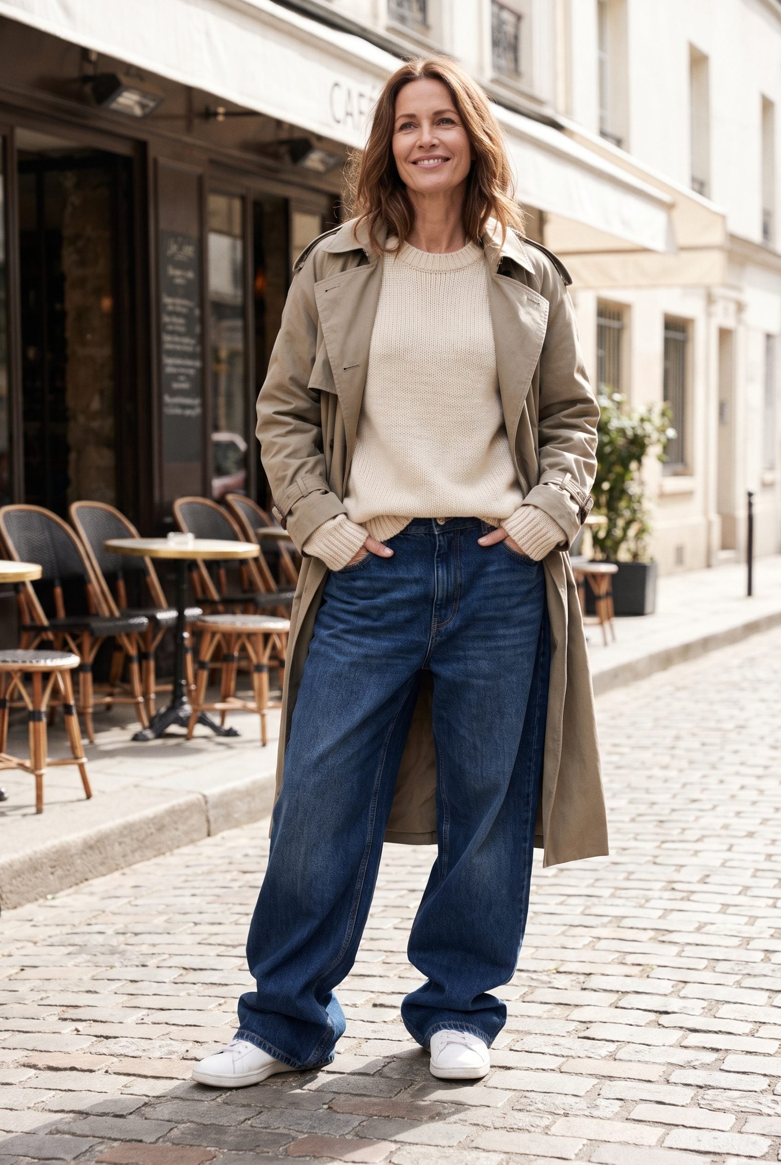 Woman standing in a park in a wide-leg dark jean whose hem stacks and pools over the top of her shoe.