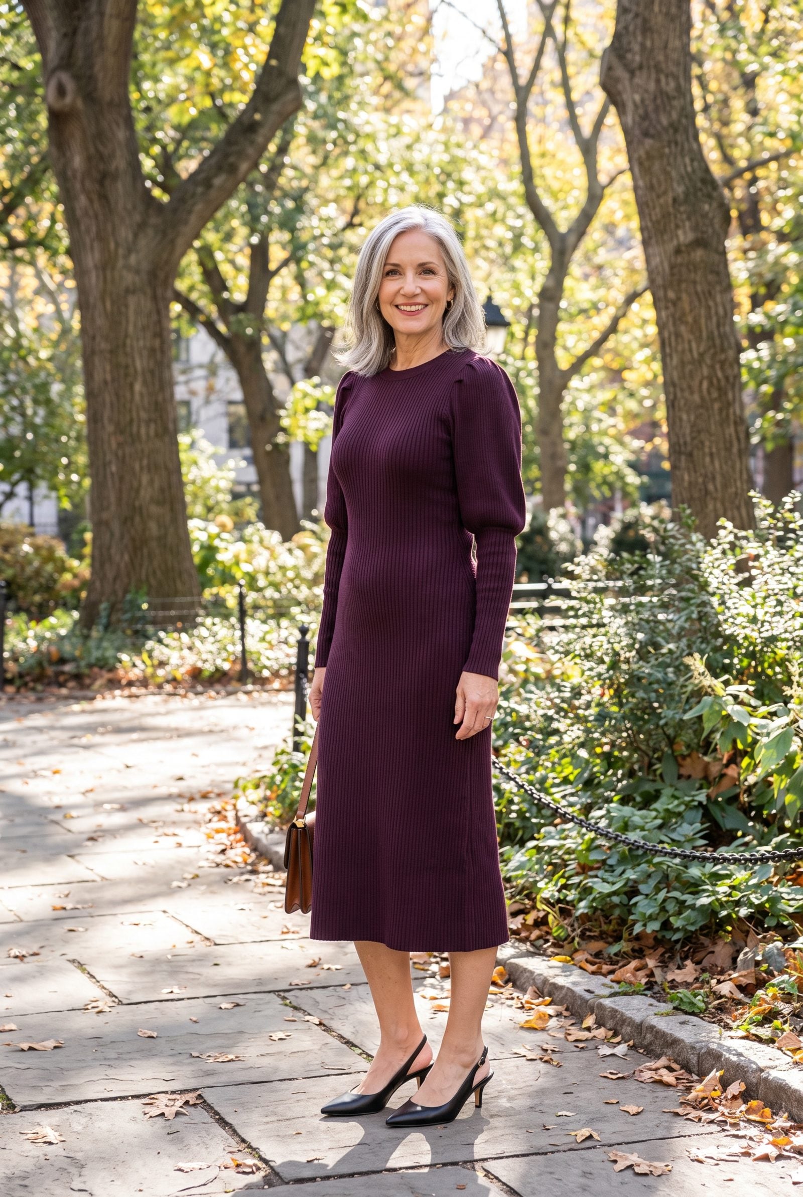 Puff-Sleeve Knit Dress With Kitten-Heel Slingbacks