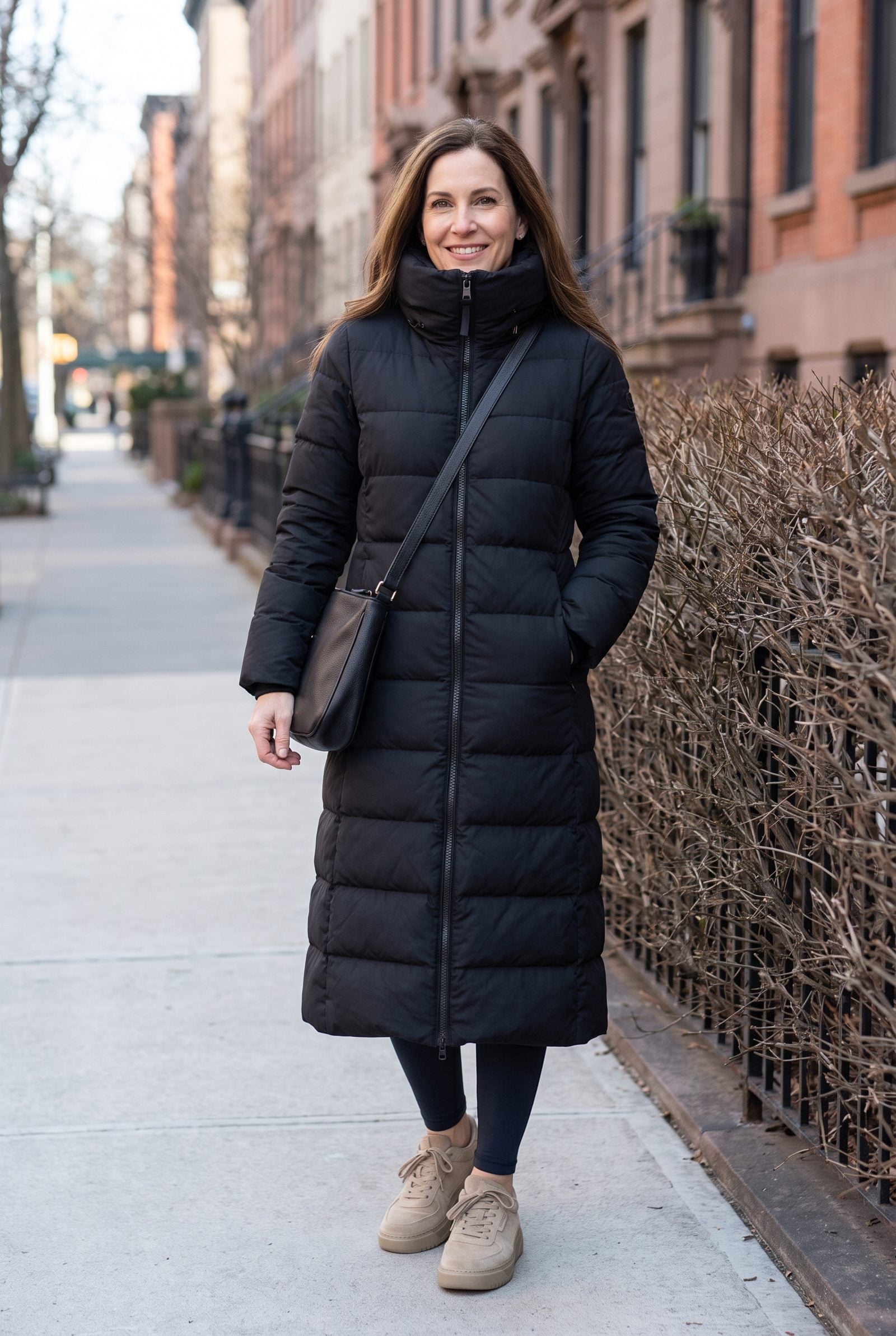 Woman on a sidewalk in a long black quilted puffer coat zipped to the chin and reaching below the knee.