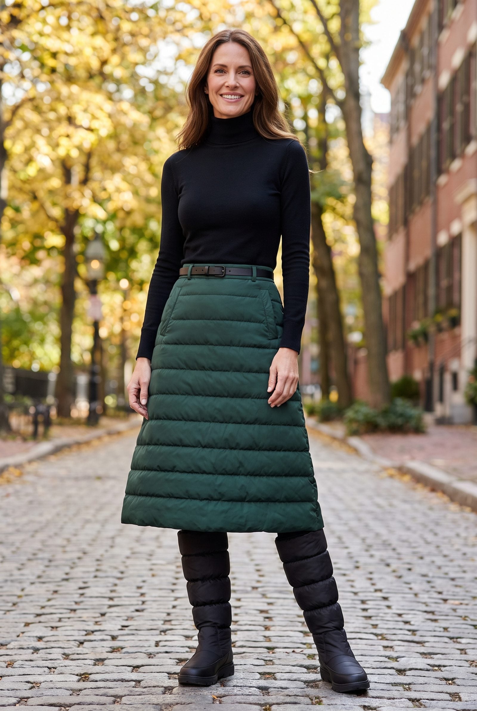 Woman in a forest green quilted puffer midi skirt and padded winter boots, two bulky quilted surfaces meeting at the knee.
