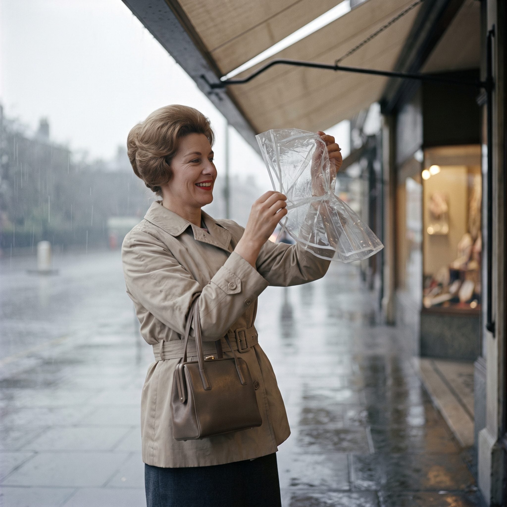 A Rain Bonnet Folded Into a Tiny Plastic Case