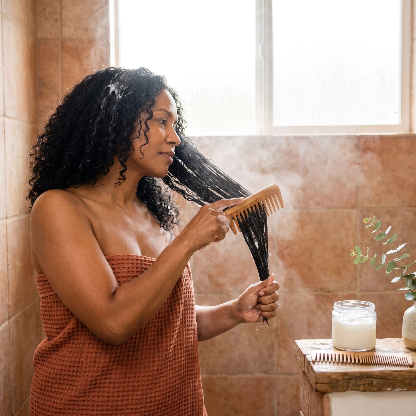 Raking Conditioner Through With a Wide-Tooth Comb