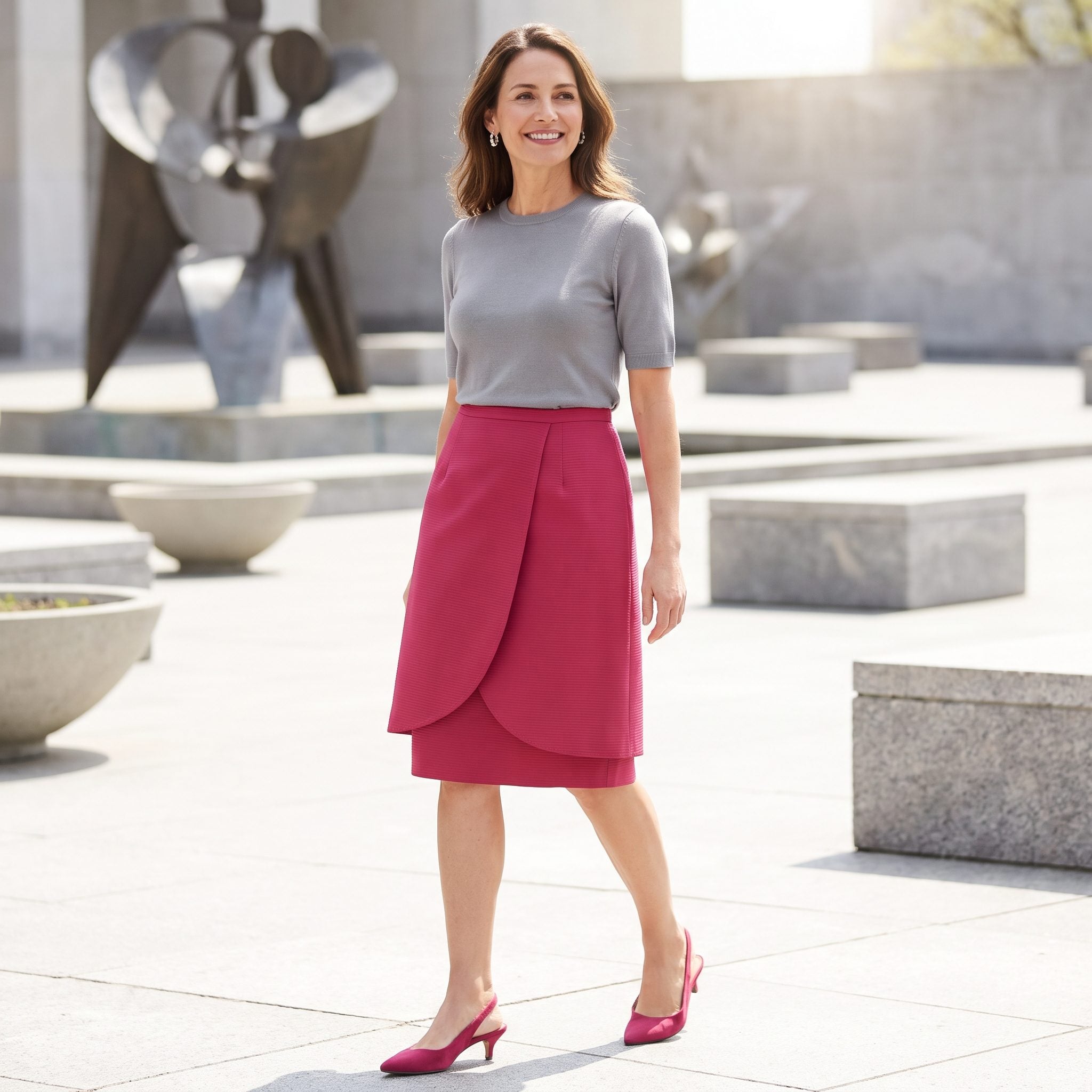 Raspberry Faille Petal Skirt with a Dove-Gray Knit