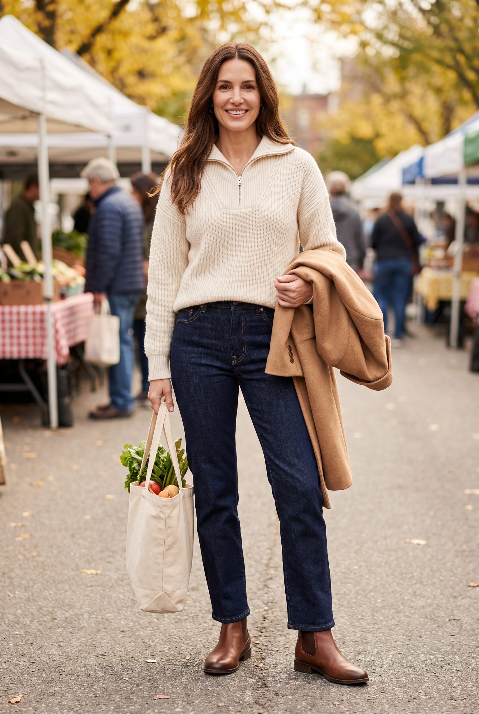 Raw-Denim Straight Jeans + Cream Zip-Neck Sweater
