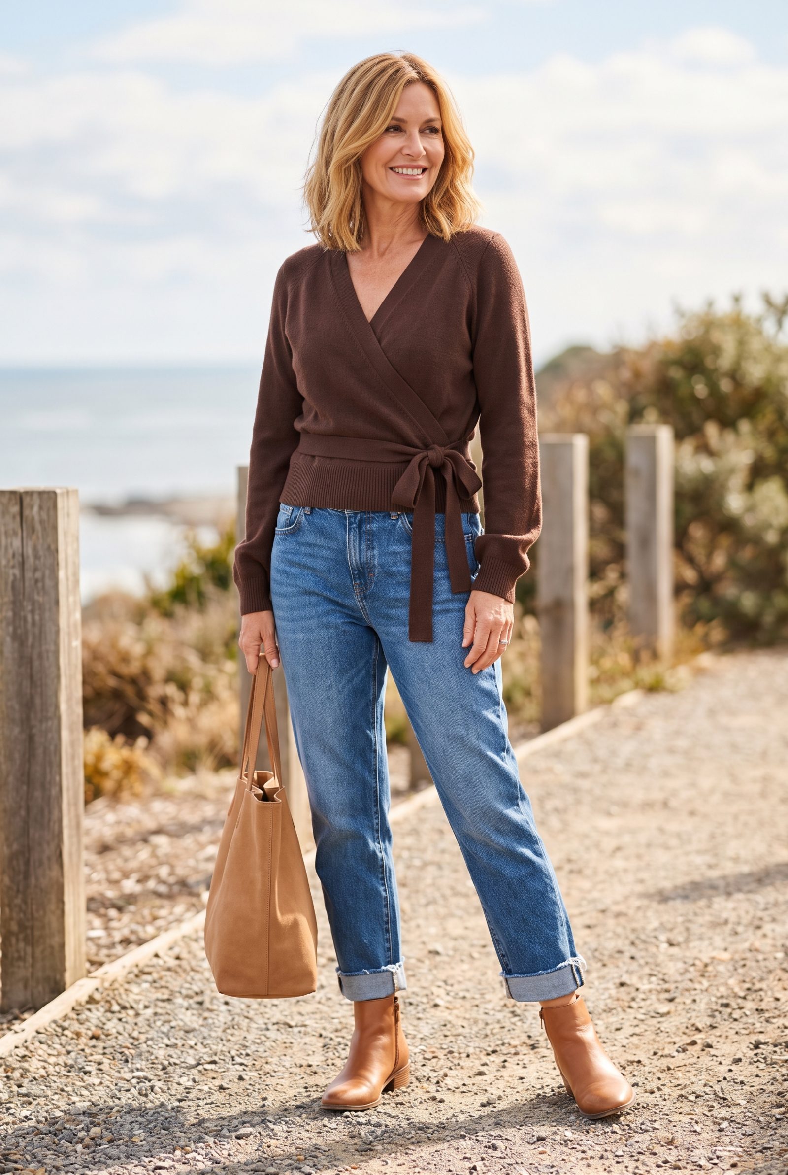 Raw-Hem Boyfriend Jeans + Chocolate Wrap Sweater