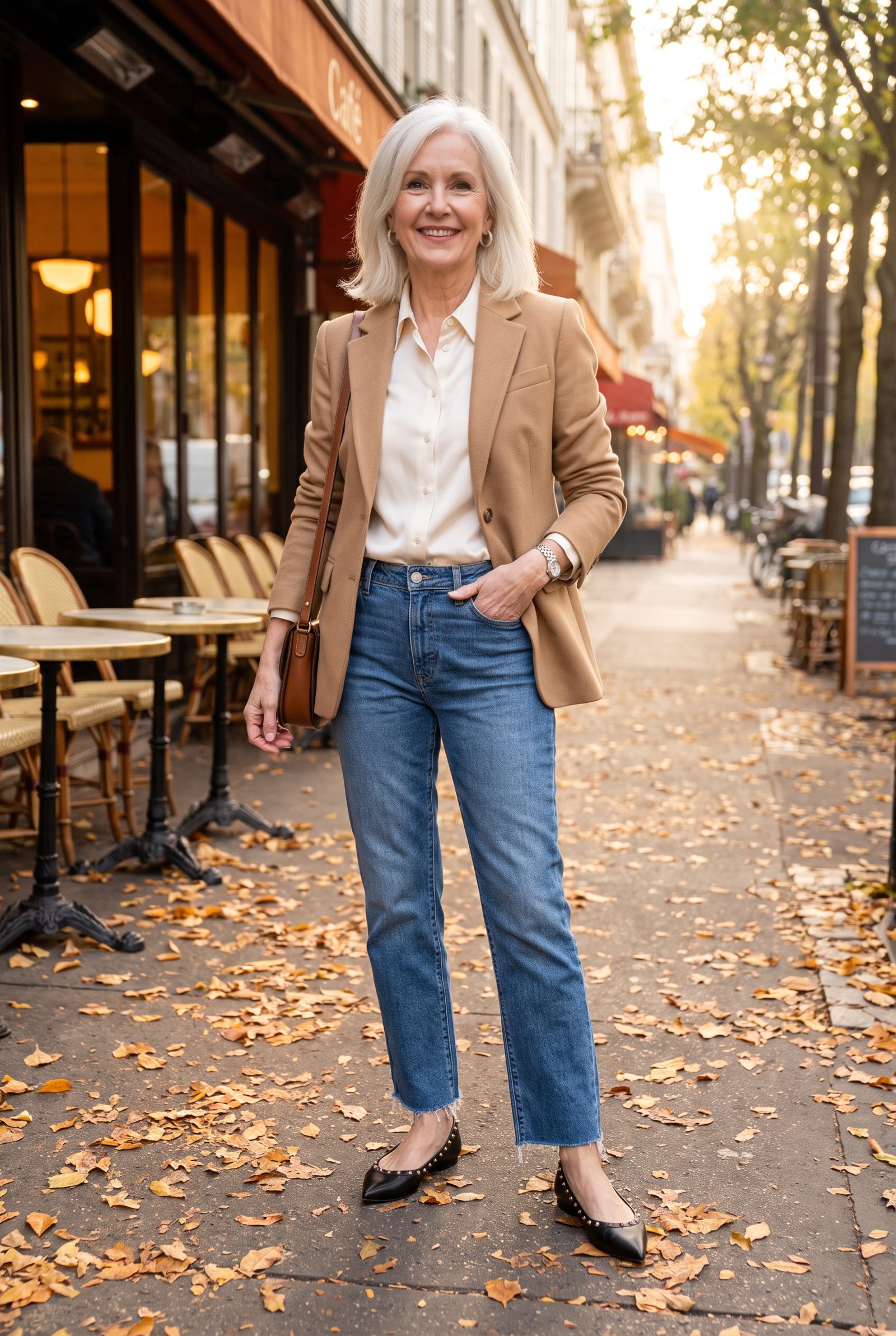 Raw-Hem Straight Jeans with Studded Ballet Flats
