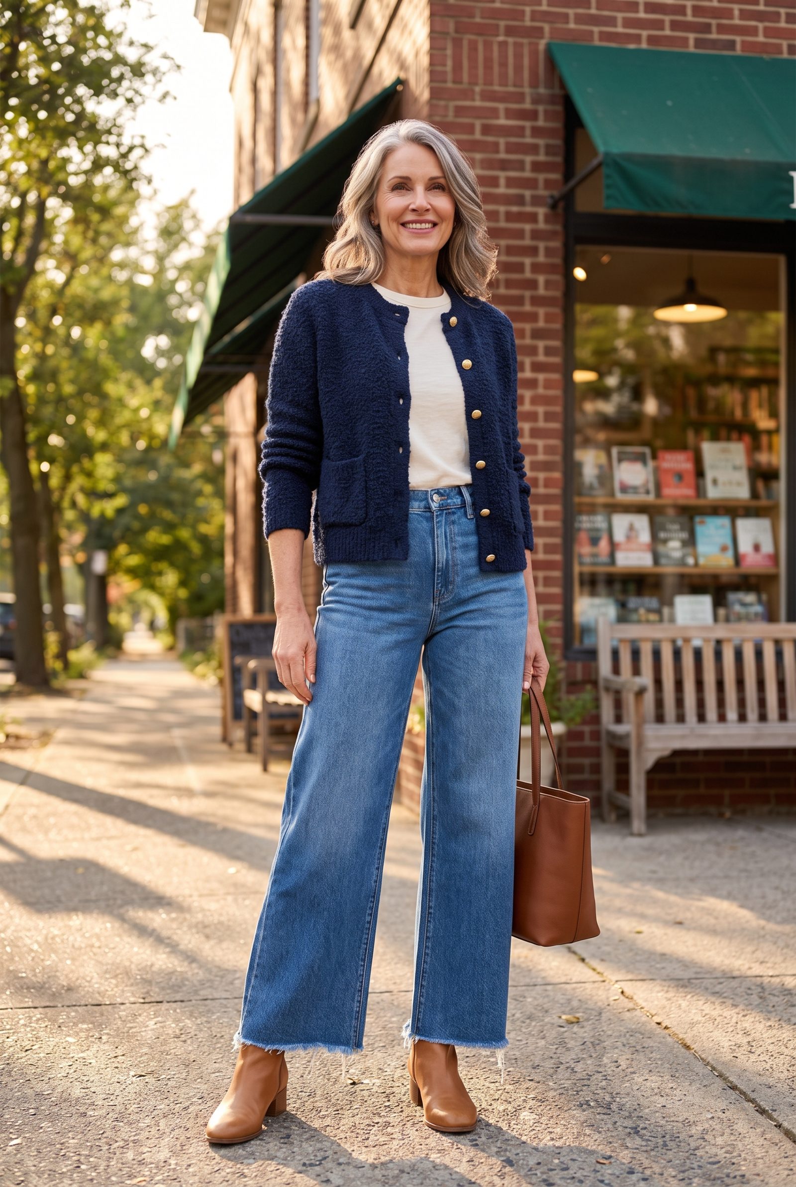 Raw-Hem Wide-Leg Jeans + Navy Bouclé Cardigan