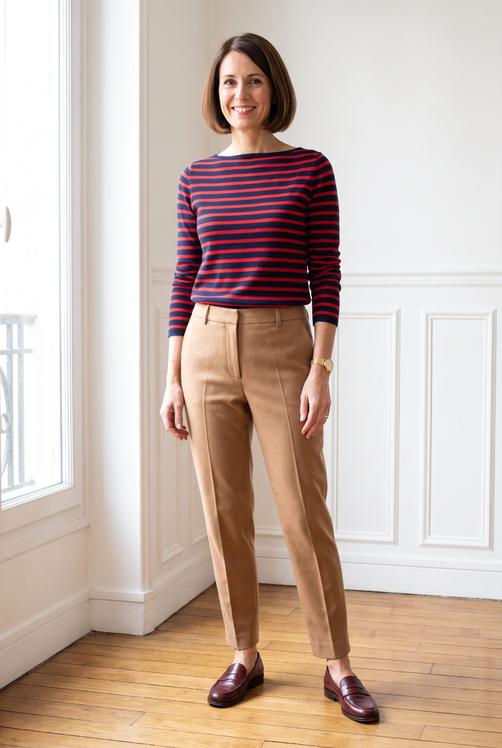 Red-and-Navy Striped Sweater + Camel Tapered Trousers
