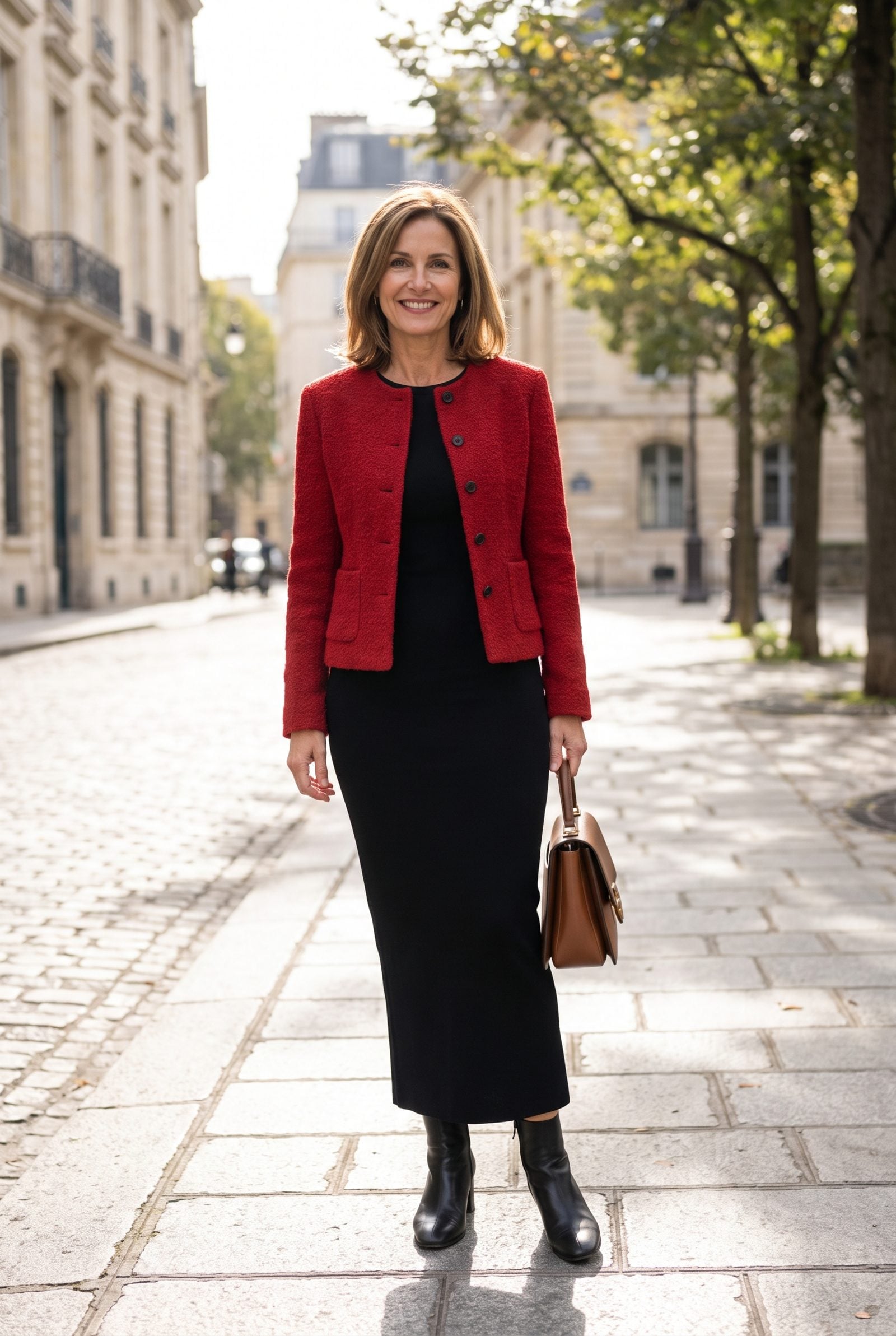 Red Bouclé Jacket Over a Black Column Dress