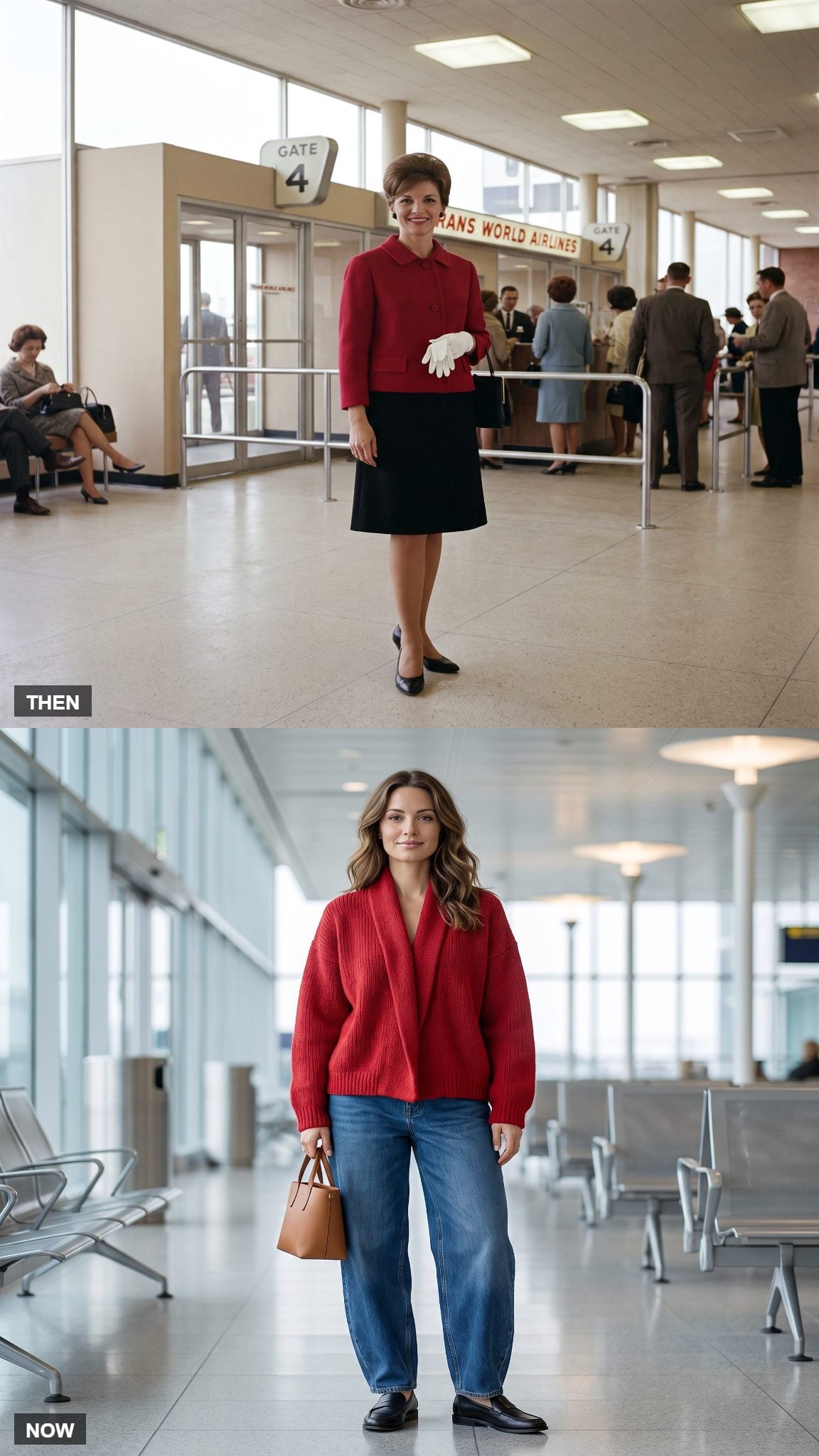Vintage red box jacket and skirt compared with a contemporary red jacket and barrel-leg jeans