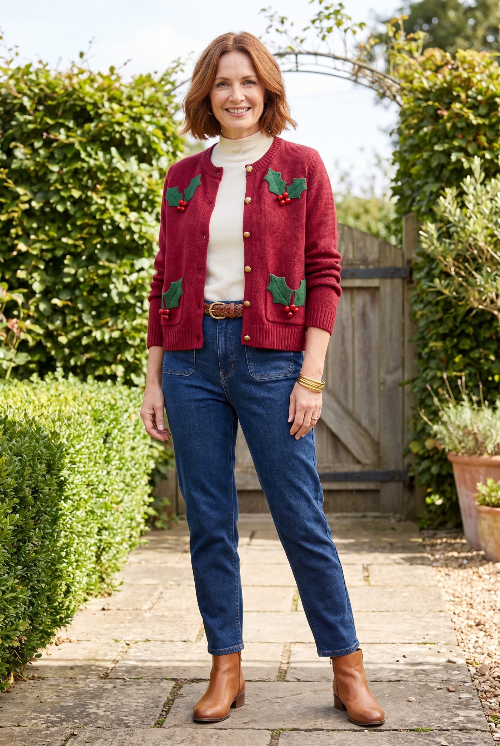 The Red Cardigan With Holly-Leaf Pockets