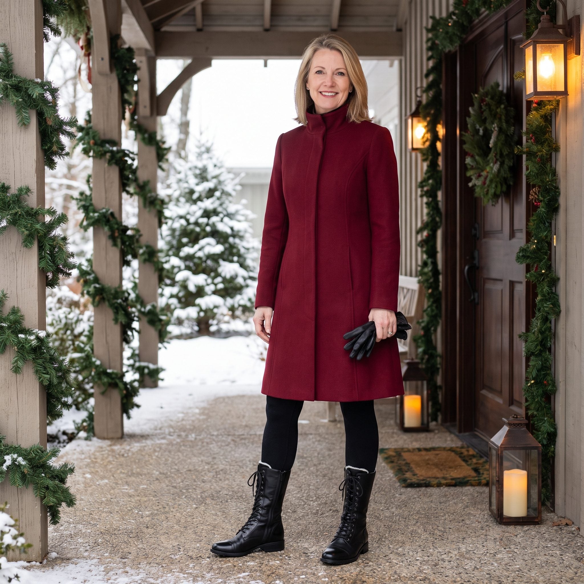 Red Coat Dress with Lace-Up Mid-Calf Boots