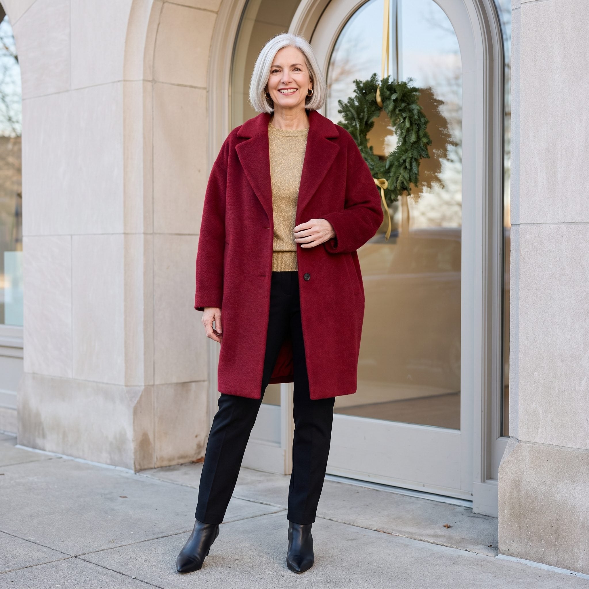 Red cocoon wool coat over a gold metallic sweater with slim black trousers and pointed boots