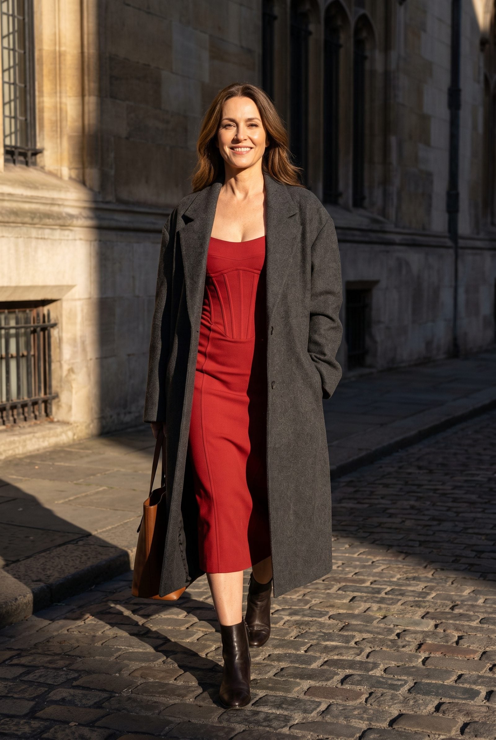 Red Corset-Seamed Dress With a Menswear Overcoat
