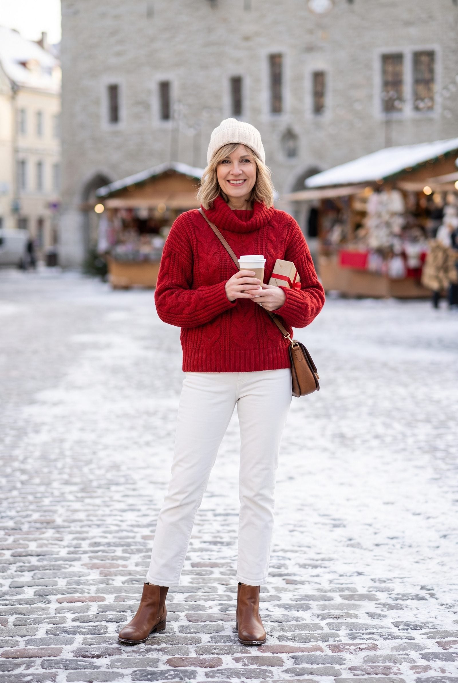 Red Festive Sweater With Winter-White Jeans