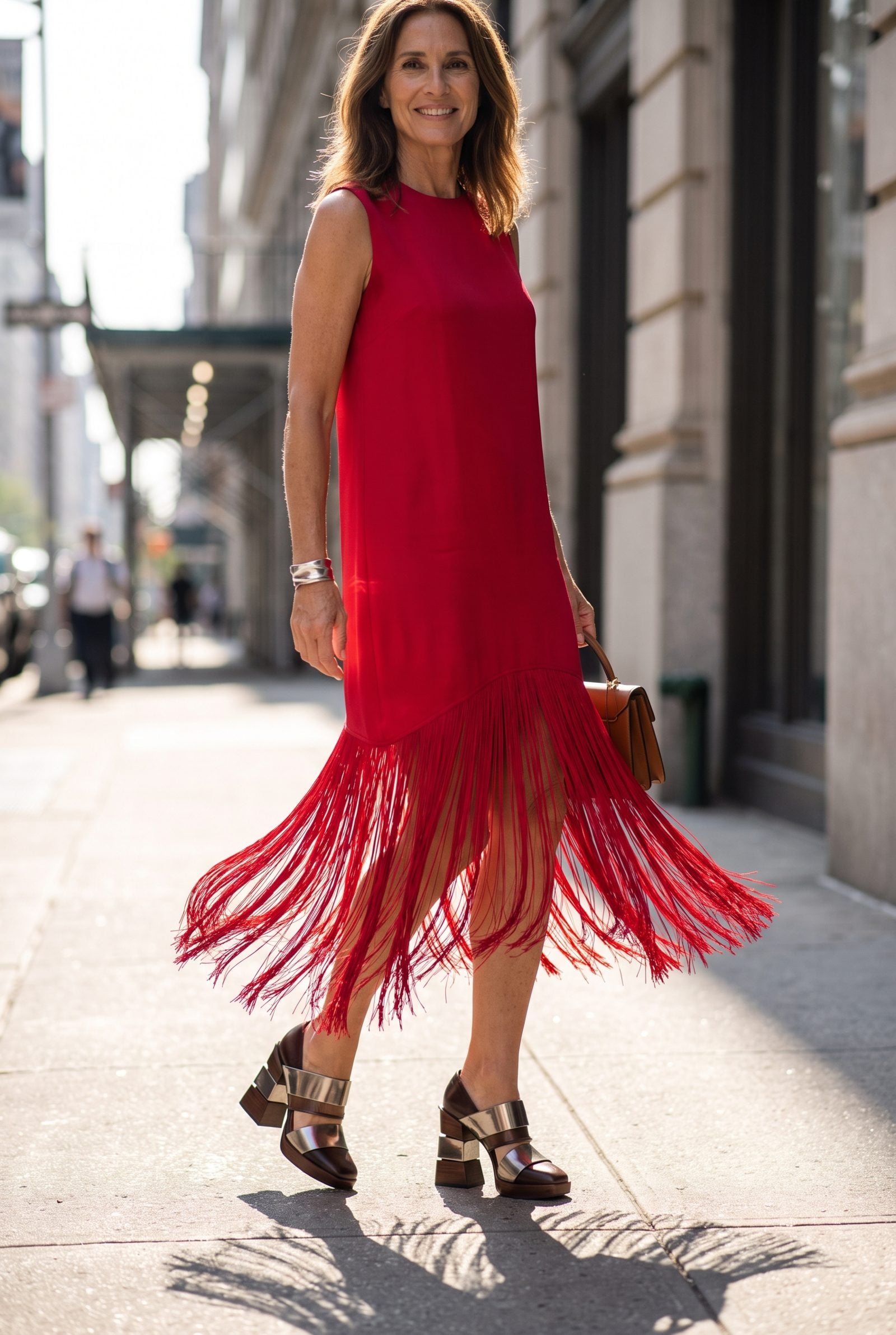 Red Fringe-Hem Dress With Architectural Heels