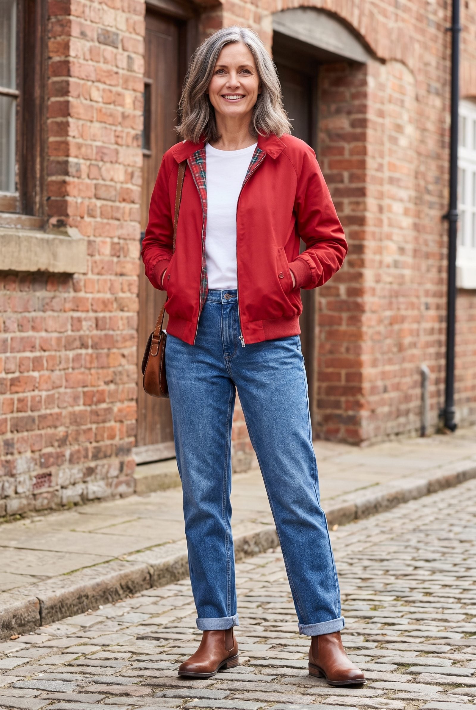 Red Harrington Jacket With Classic Blue Straight Jeans