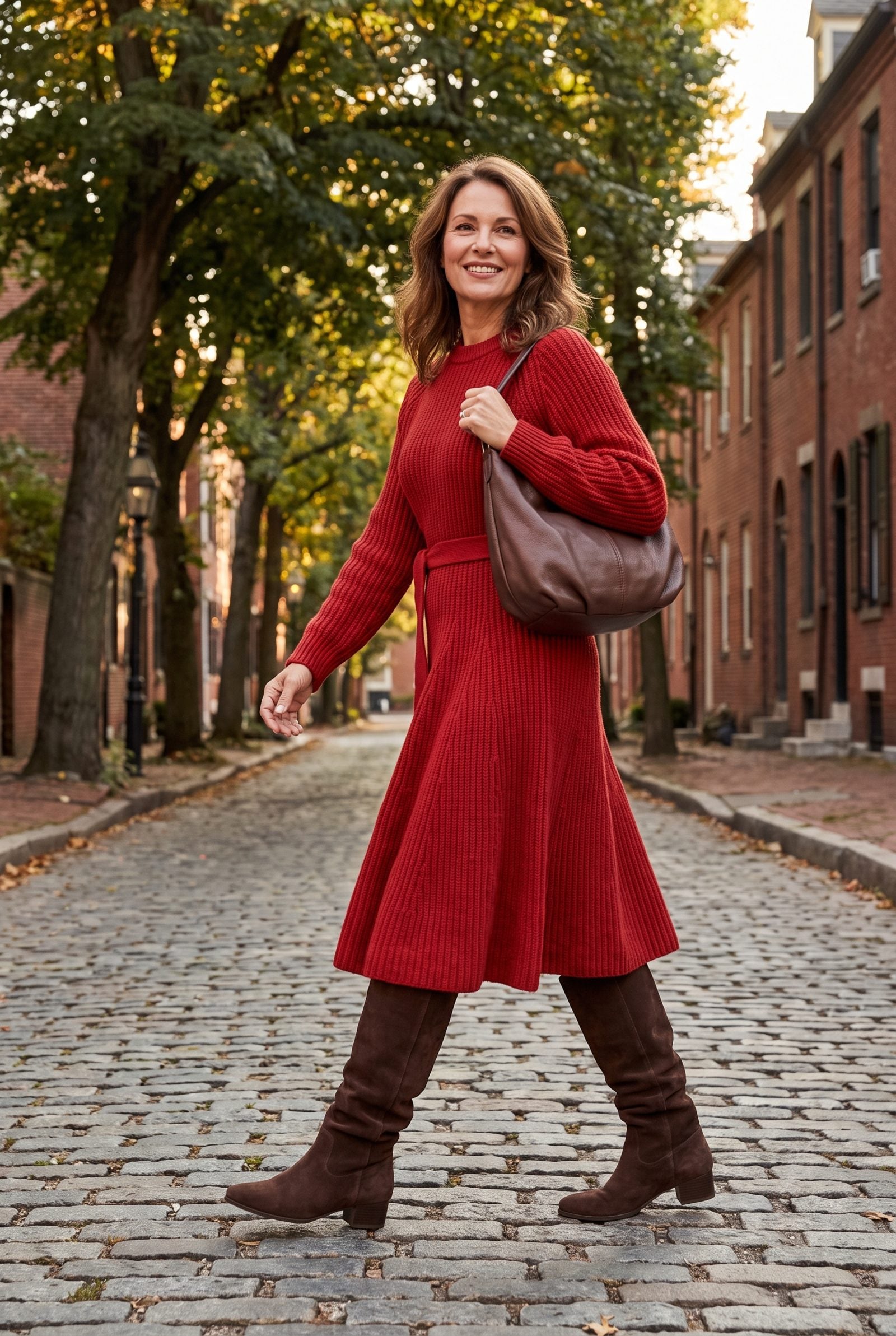 Red Knit Midi Dress With Knee-High Chocolate Boots