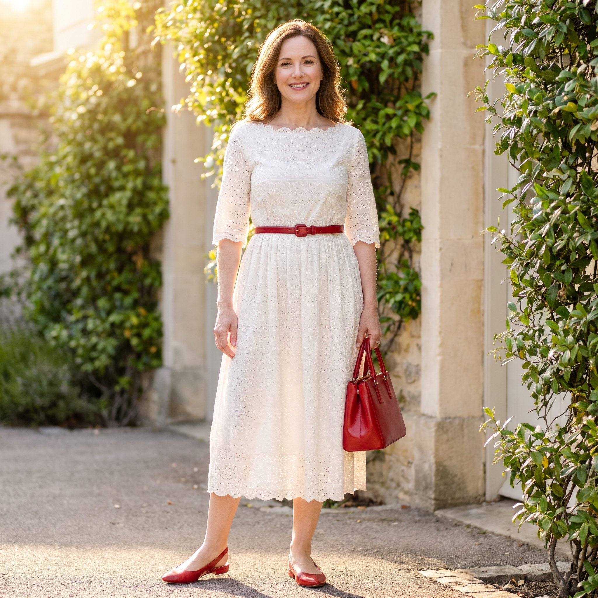 Ivory broderie dress with a red natural-waist belt and matching accessories