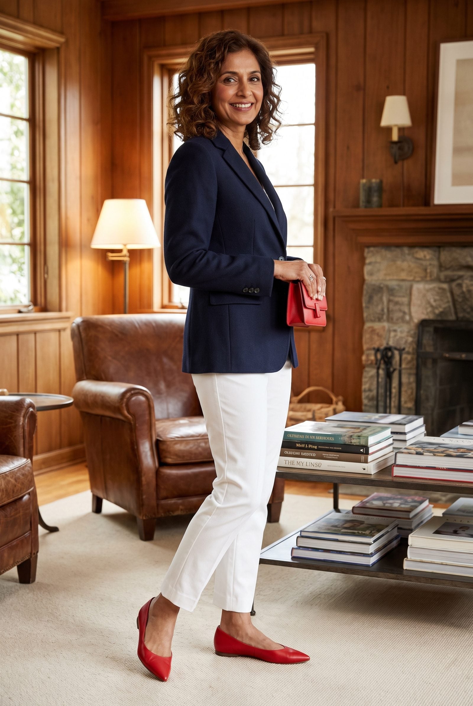 Red Pointed Flats, a Navy Blazer and White Cigarette Pants