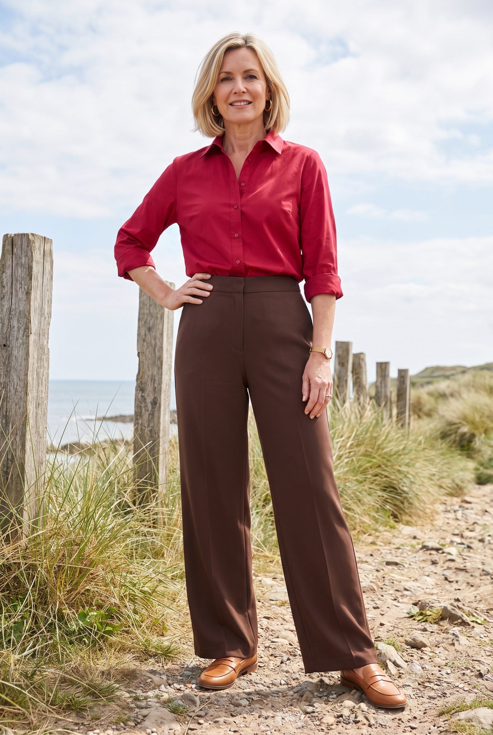Red Poplin Blouse With Chocolate Wide-Leg Pants
