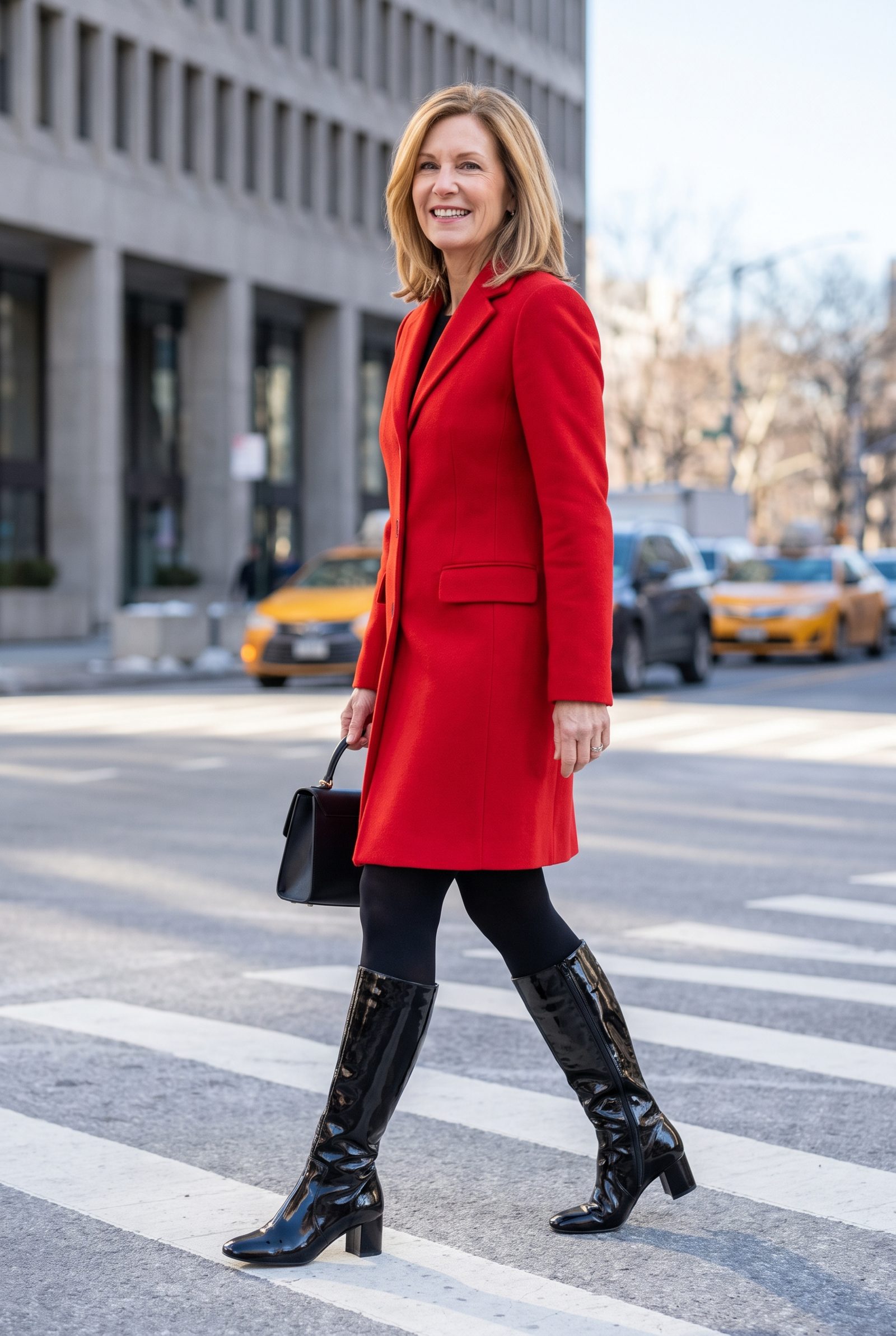 Red Tailored Coat + Black Patent Knee Boots