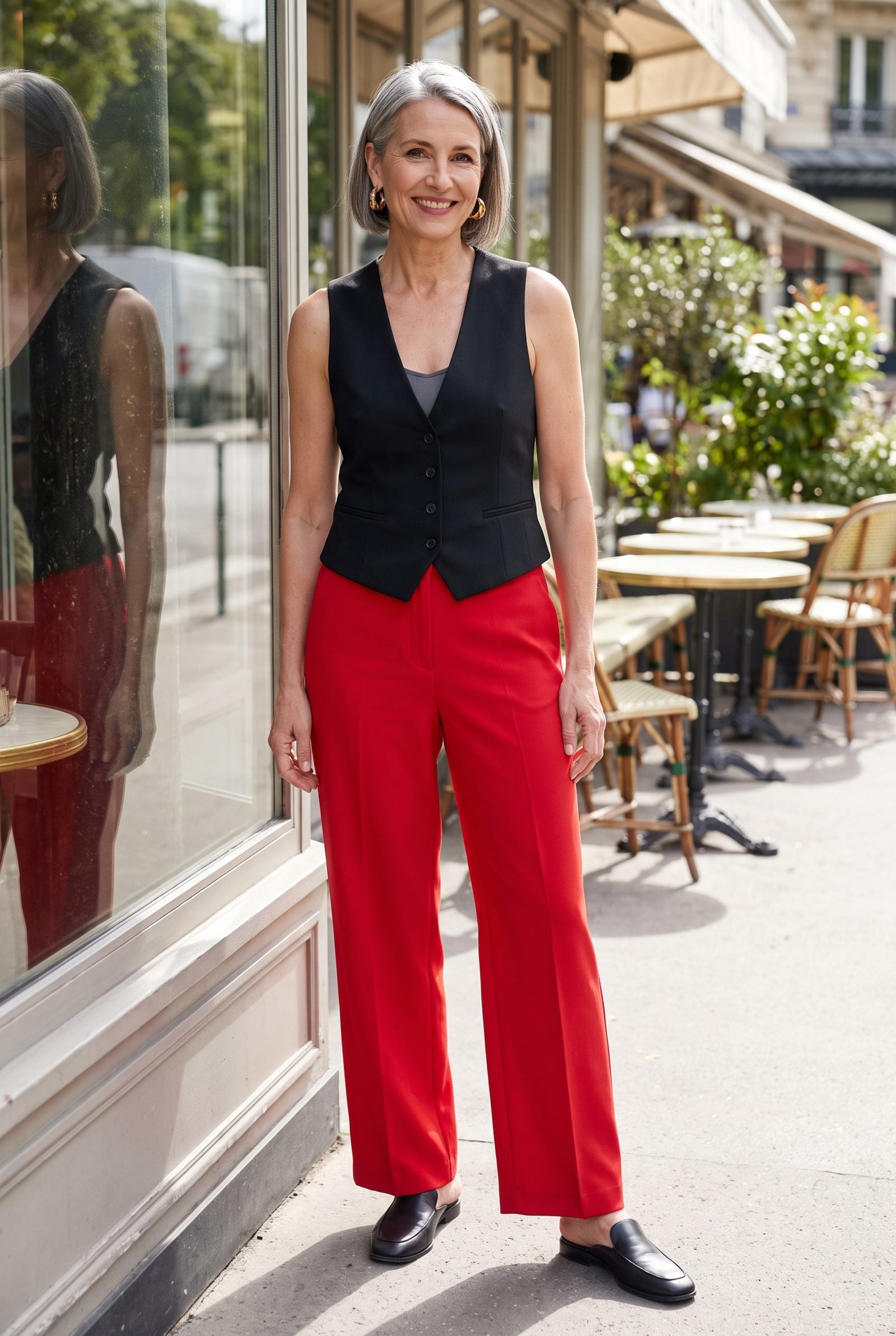 Red Wide-Leg Trousers With a Black Waistcoat