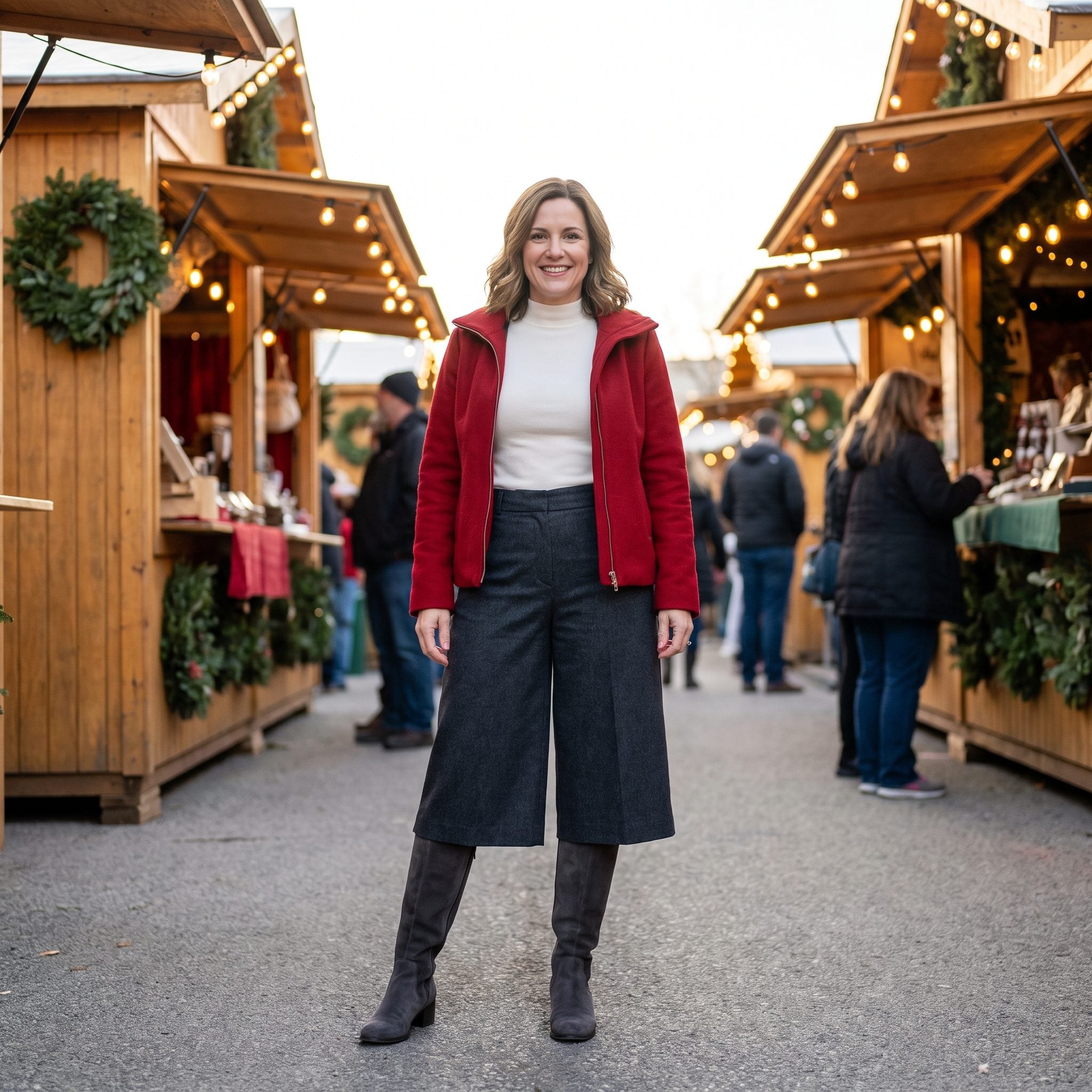 Red wool blouson jacket with charcoal culottes and knee-high boots