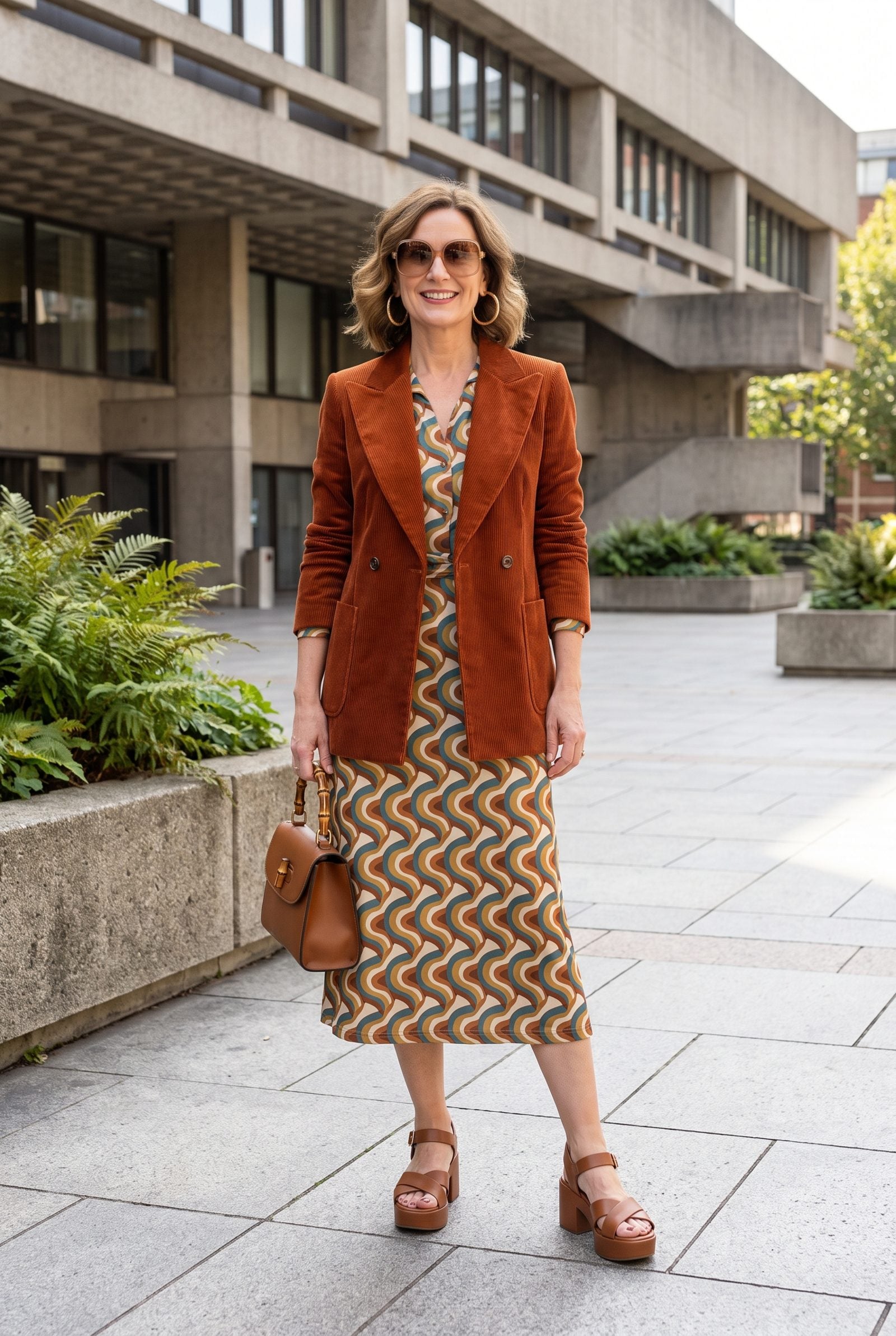 Woman aged 58 to 65 outdoors with shoulder-length dark hair set in defined vintage finger waves and a navy polka-dot blouse.