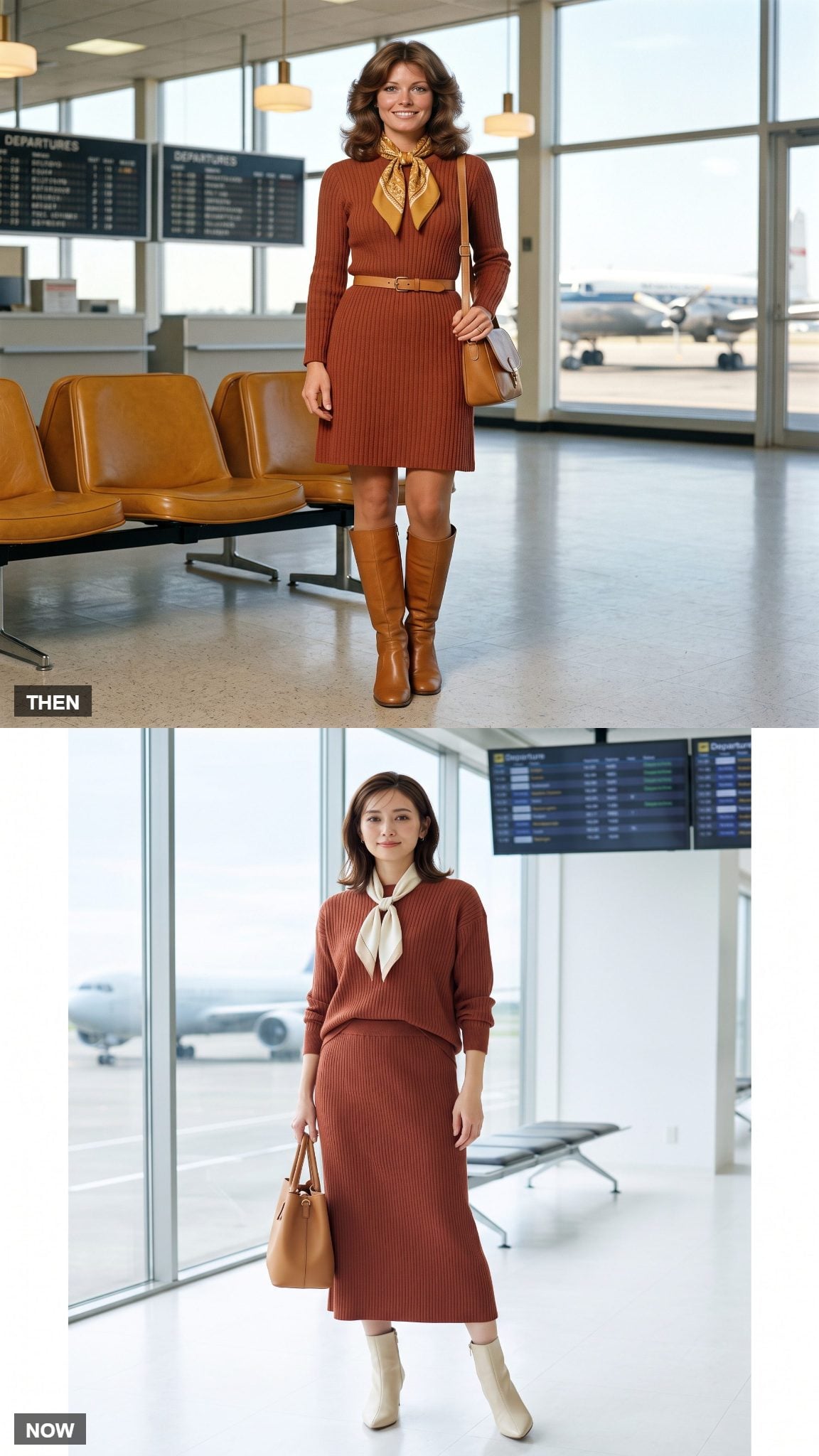Vintage rust sweater dress compared with a modern matching rust knit top and midi skirt