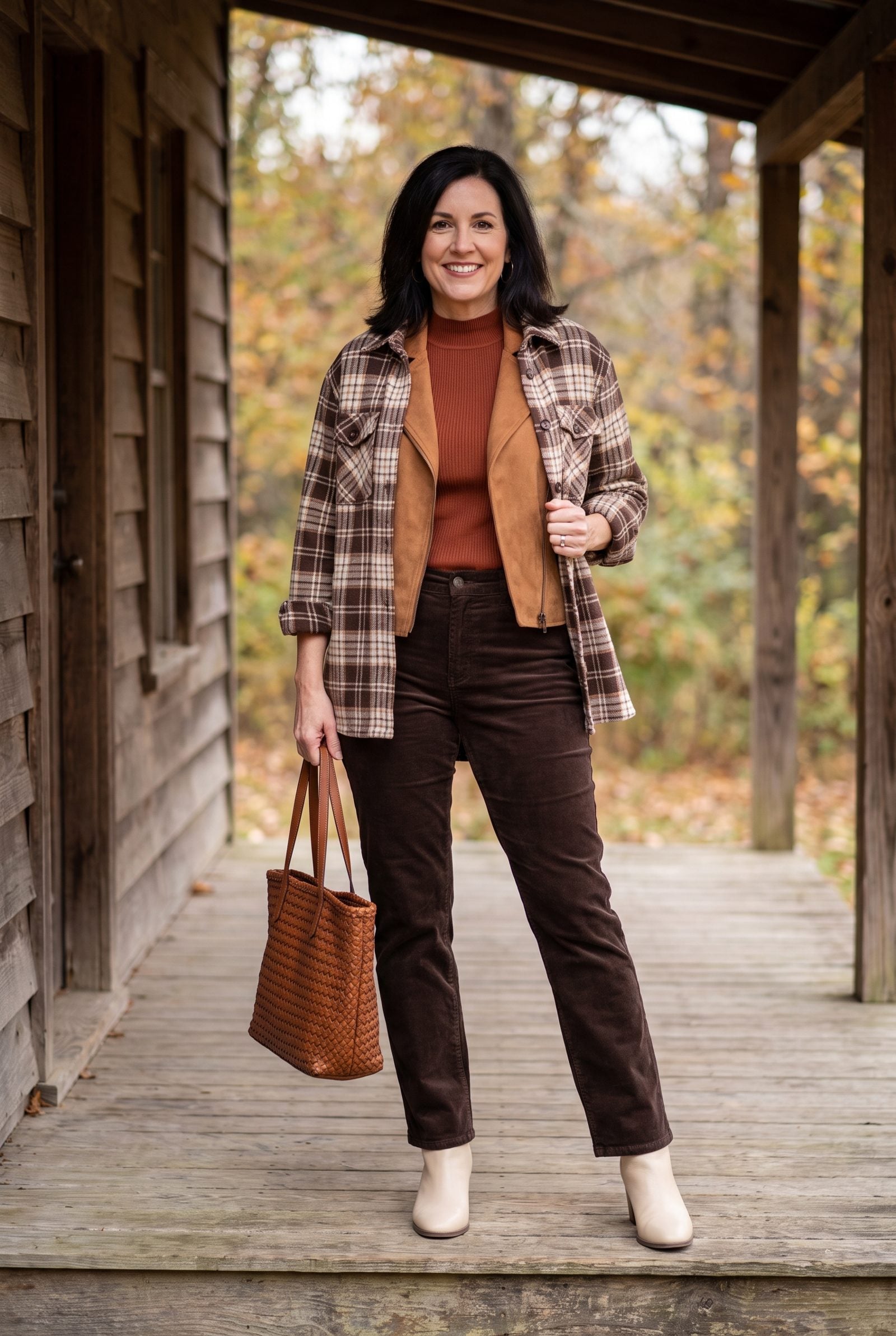 Ribbed Mock Neck + Suede Vest + Plaid Shacket