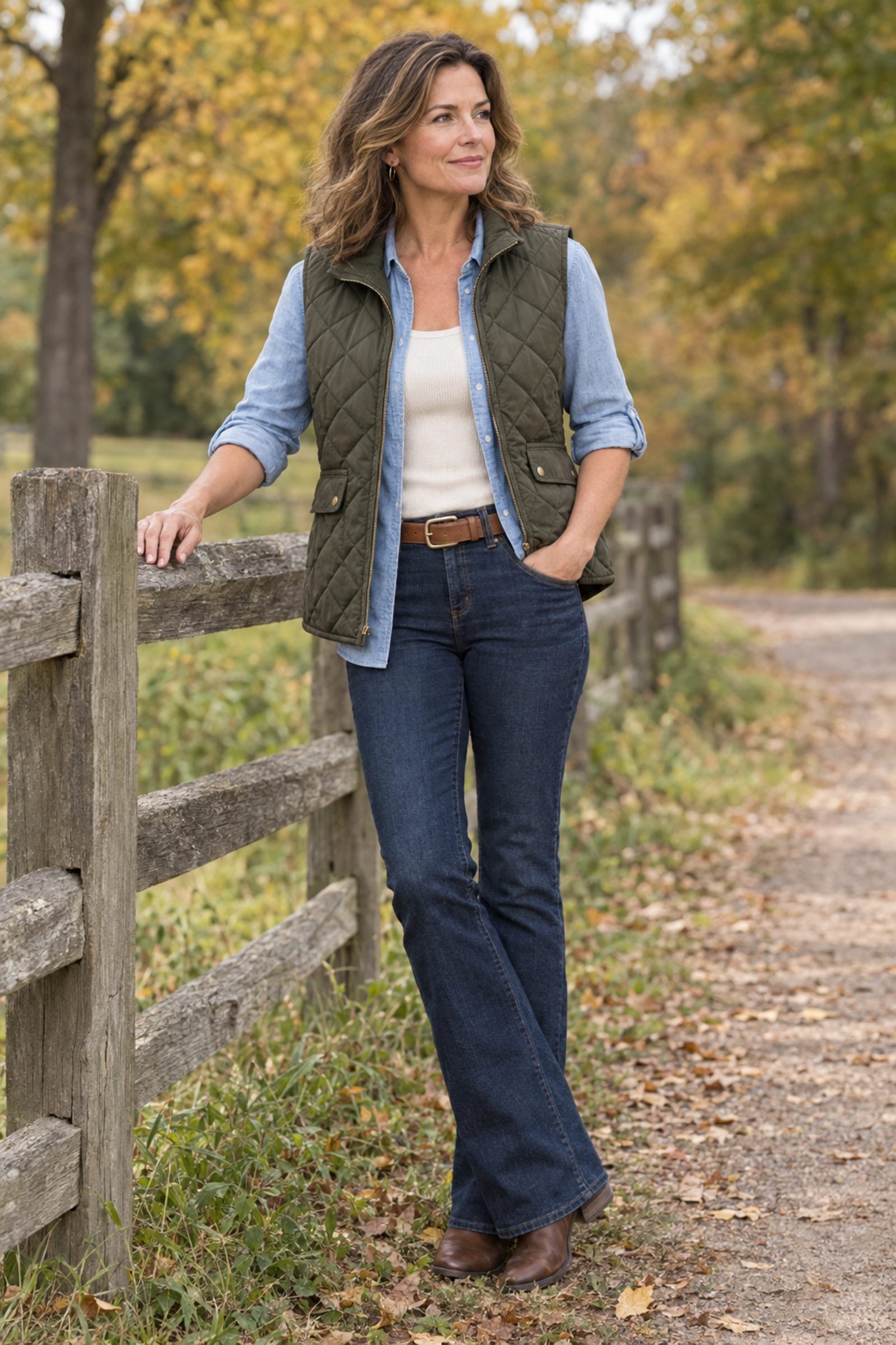 Ribbed Tank + Chambray Shirt + Quilted Vest