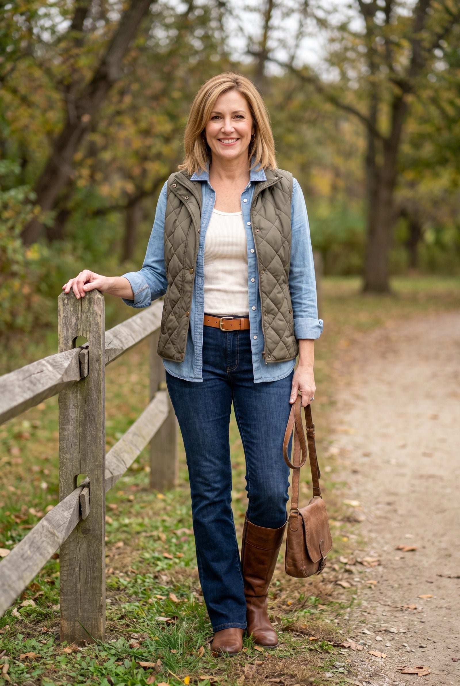 Ribbed Tank + Chambray Shirt + Quilted Vest