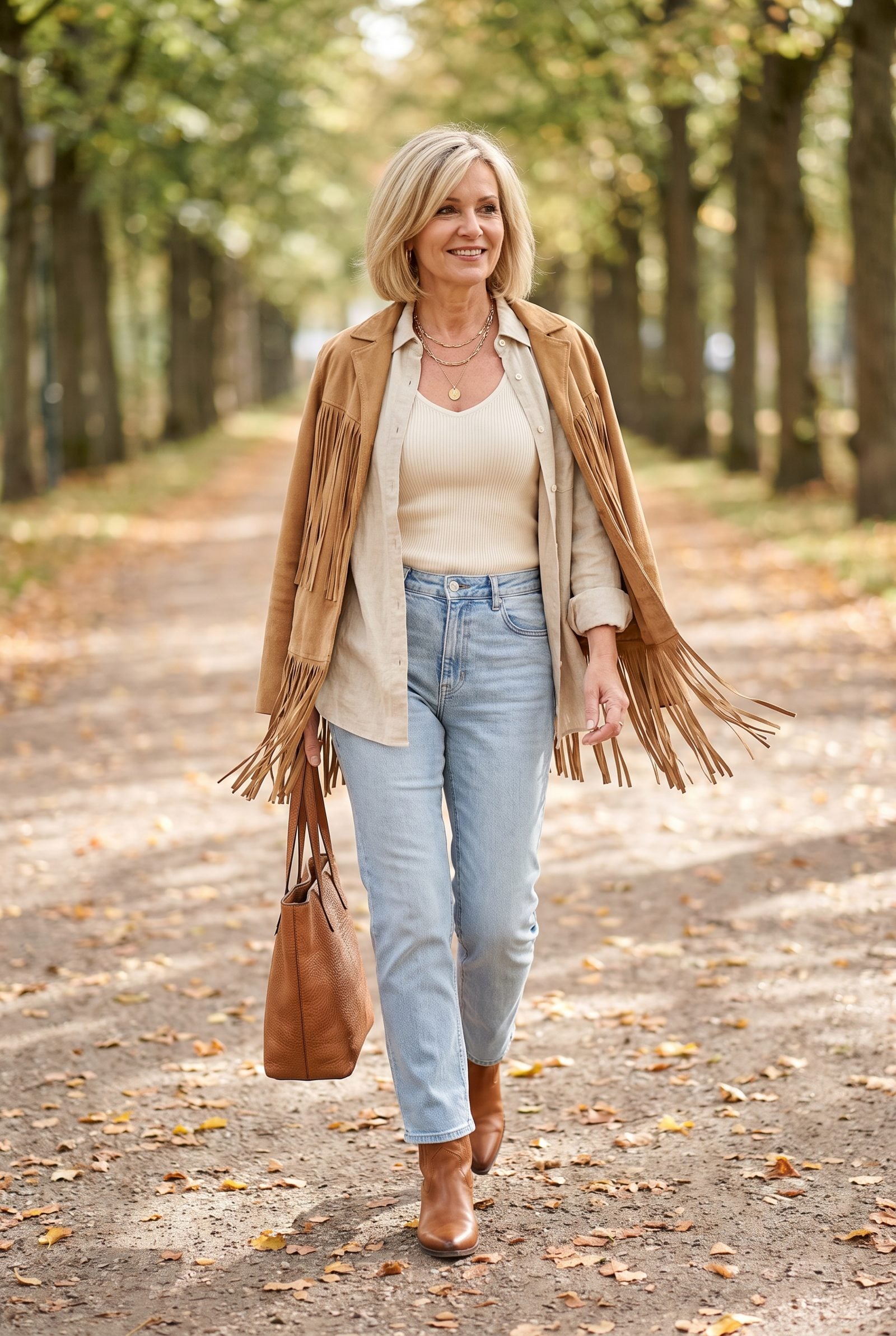 Ribbed Tank + Linen Shirt + Suede Fringe Jacket
