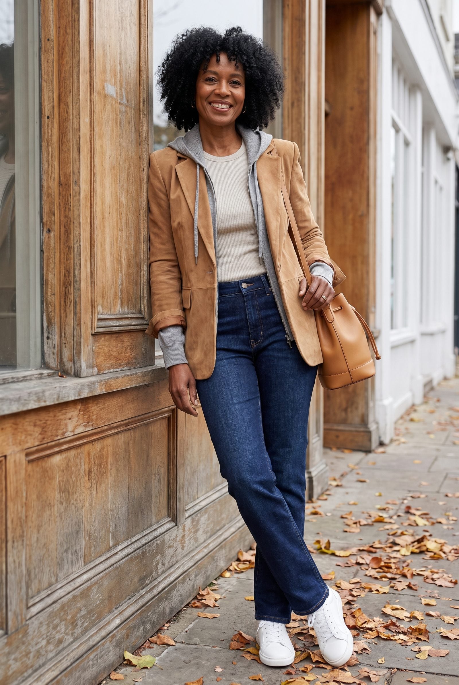 Ribbed Tee + Knit Hoodie + Suede Blazer