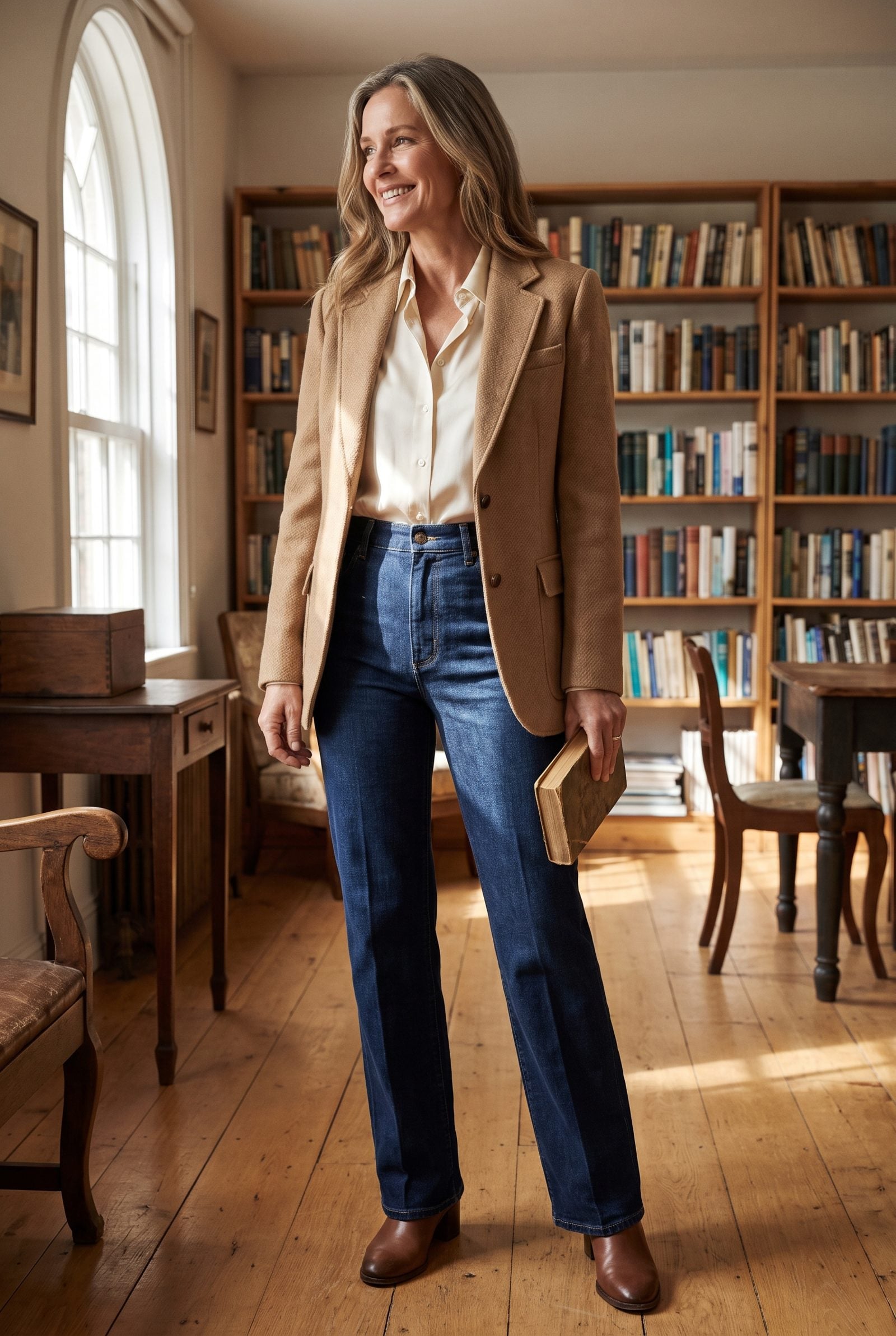 Open dresser drawer with four folded pairs of blue jeans stacked by rise, the high-rise pair on top with its waistband