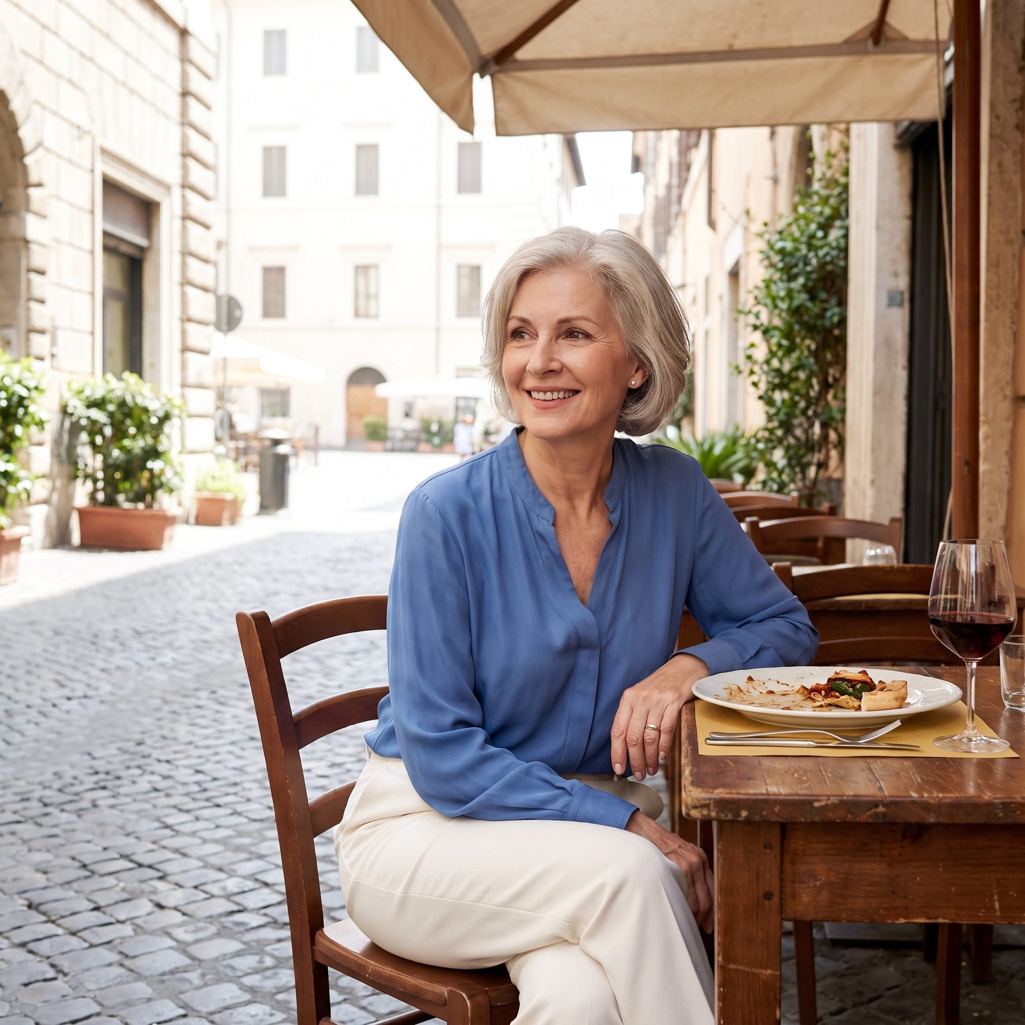 Rome, A Blue Blouse With Bright Ivory Trousers