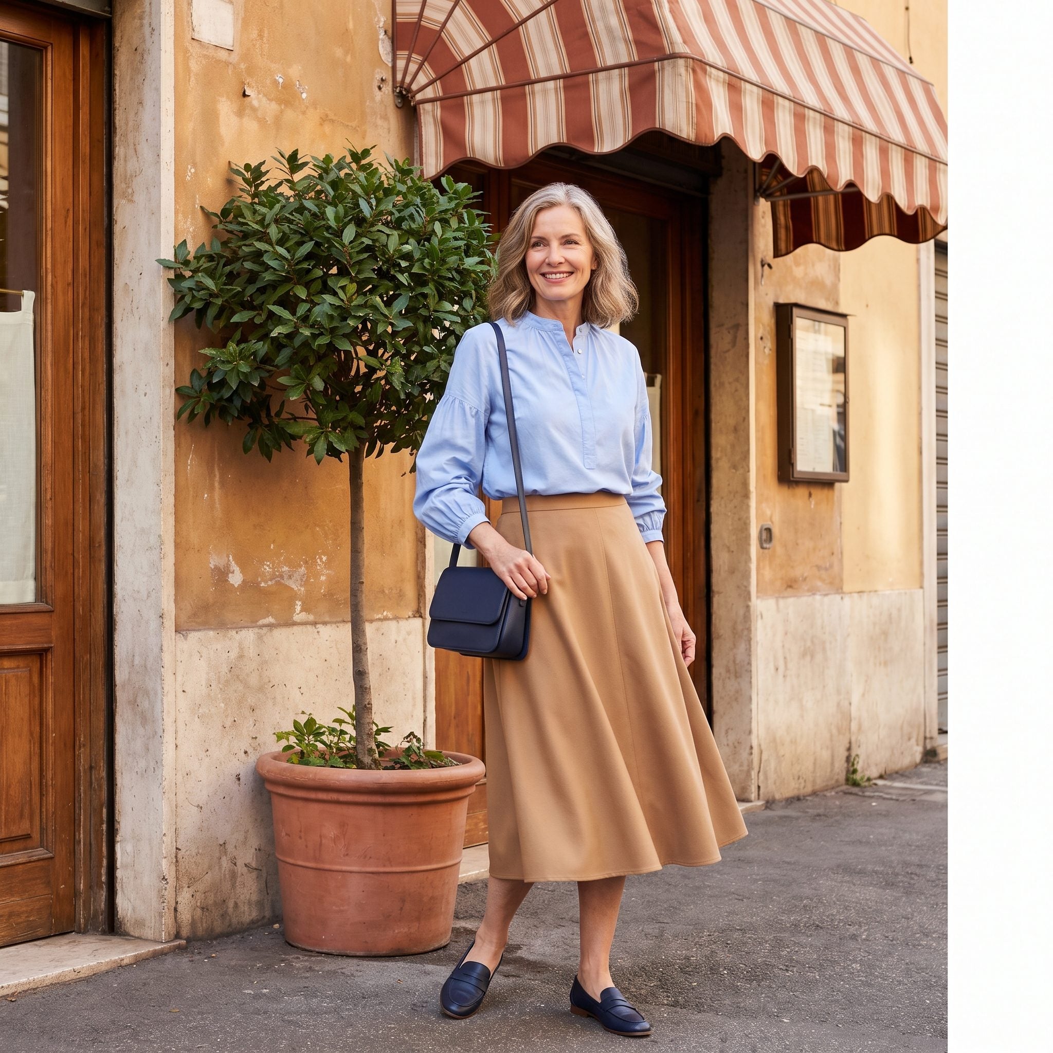 Rome, A Camel A-Line Skirt With a Soft-Blue Popover