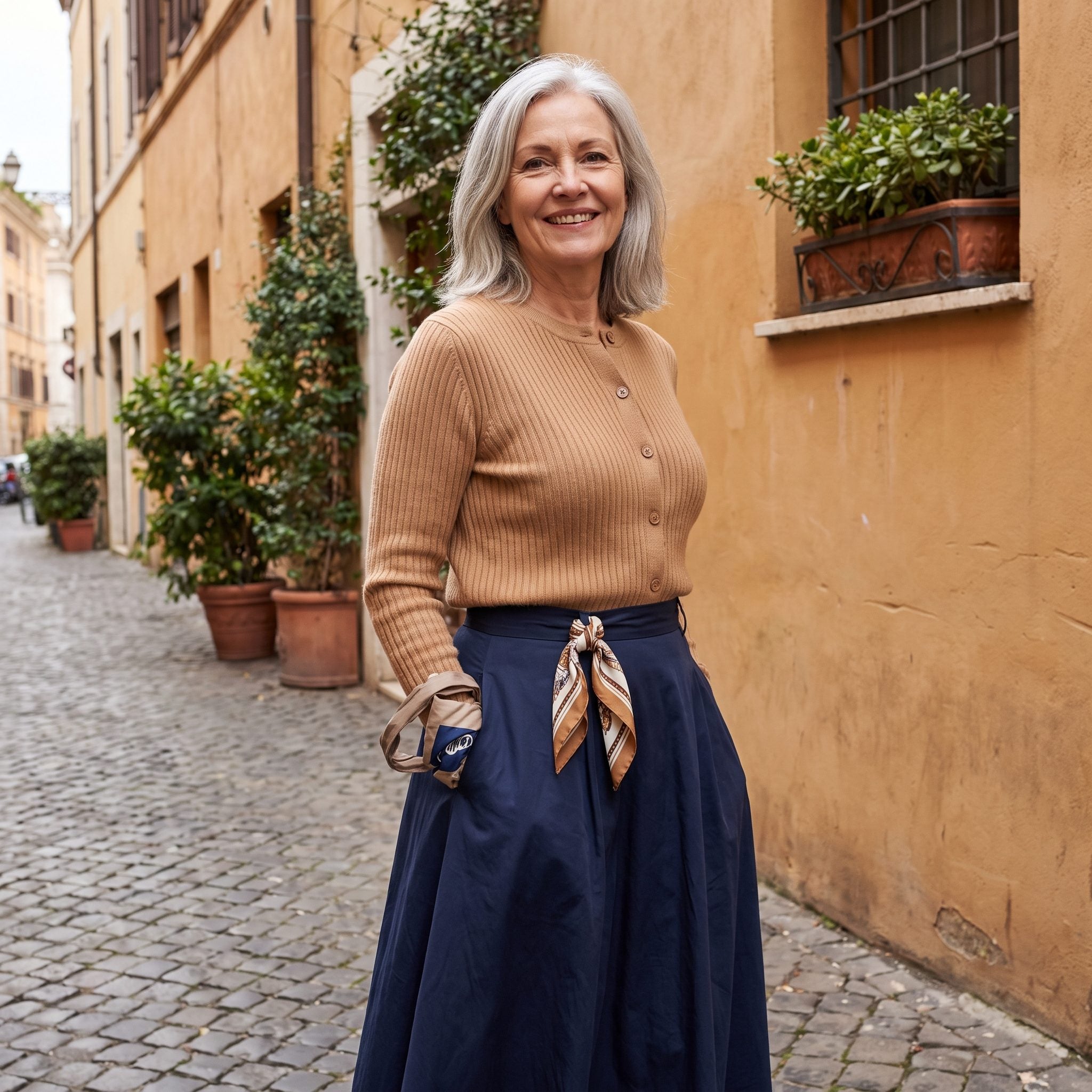 Rome, Camel Knitwear With a Navy Midi Skirt