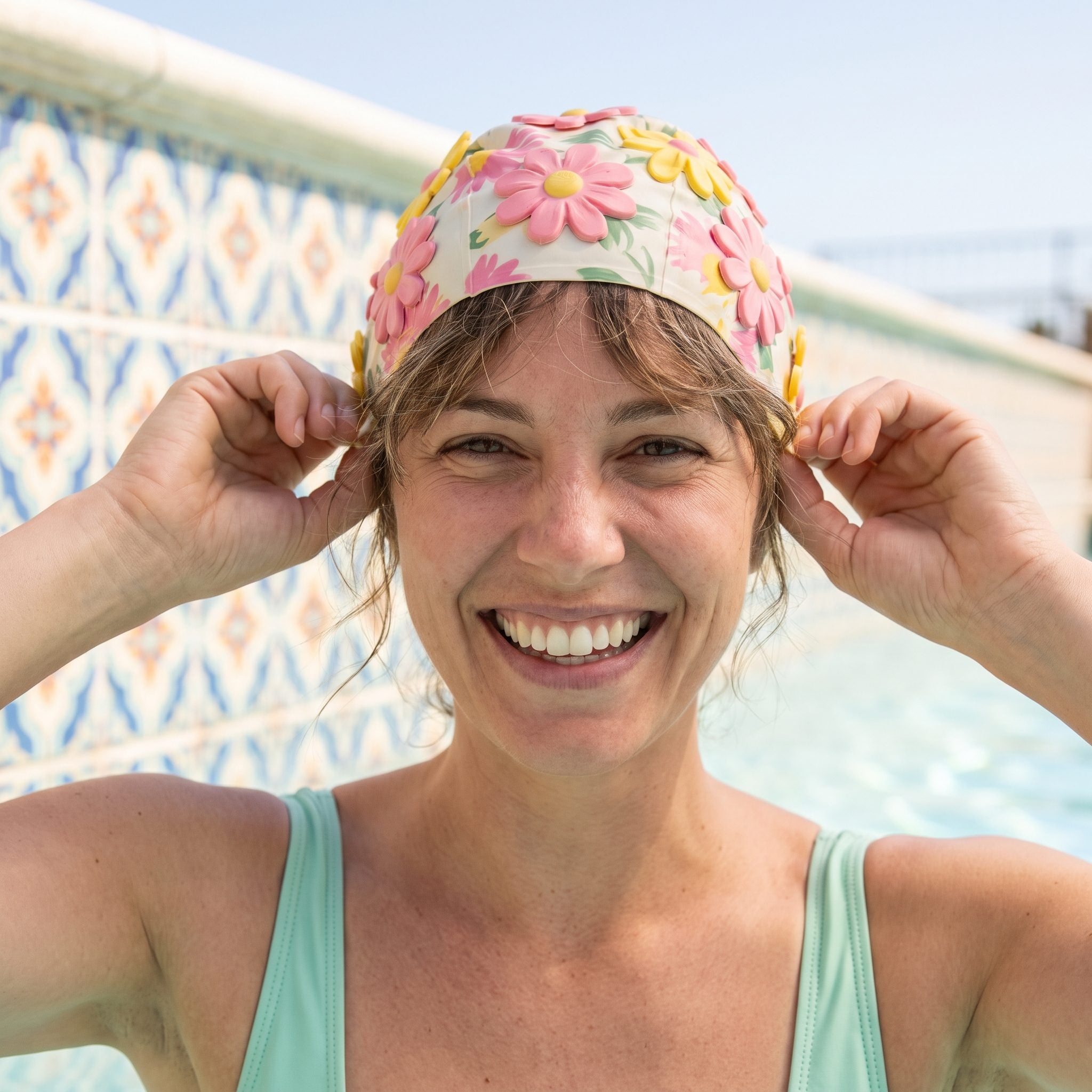Decorative 1950s rubber bathing cap covered in sculpted flowers
